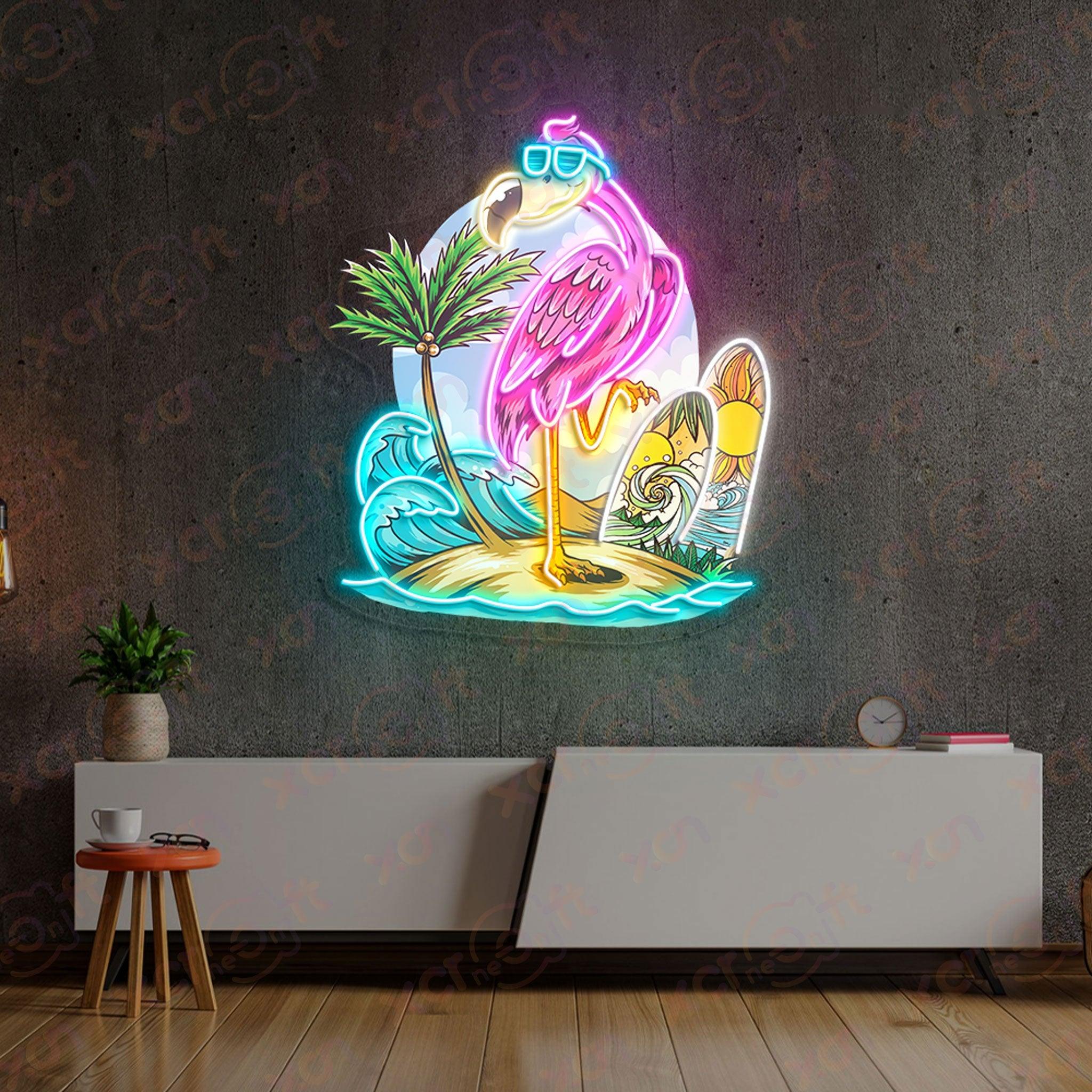 Tropical flamingo neon sign beach vibes wall decor