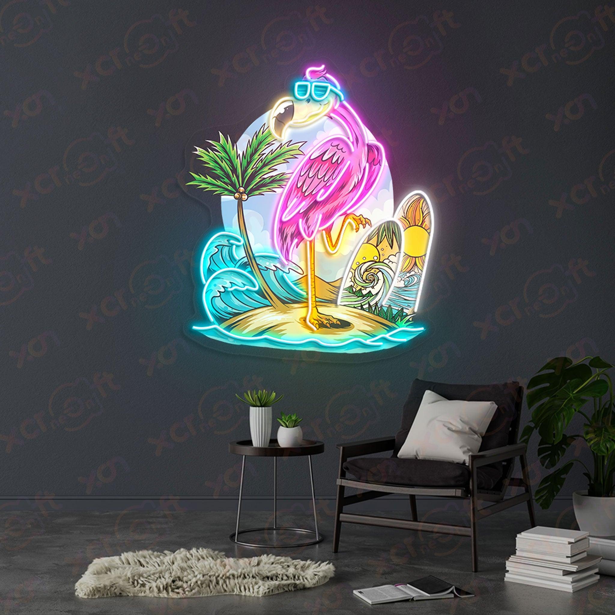 Summer neon sign flamingo sunglasses palm tree island