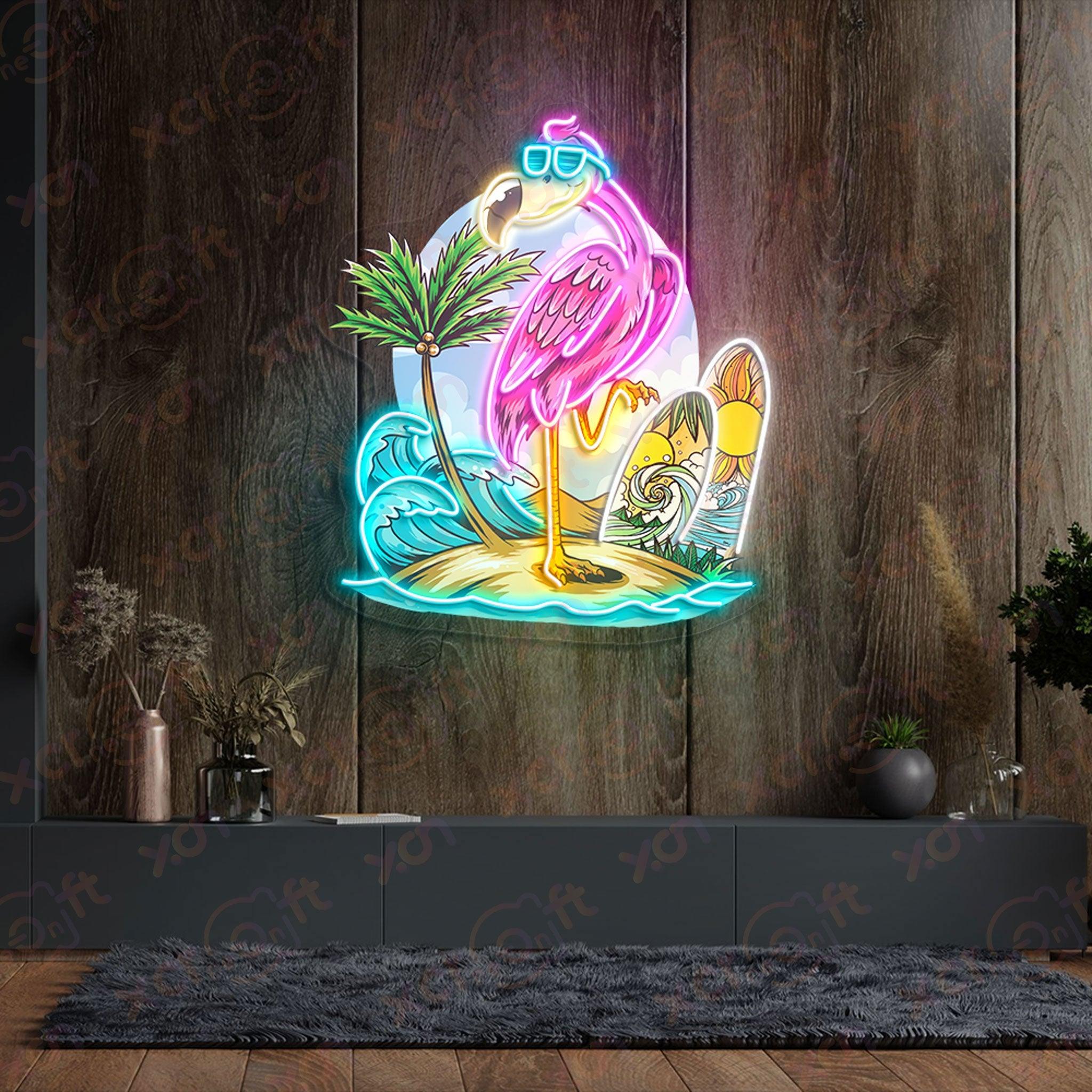 Pink flamingo neon light surfboard beach bar decor