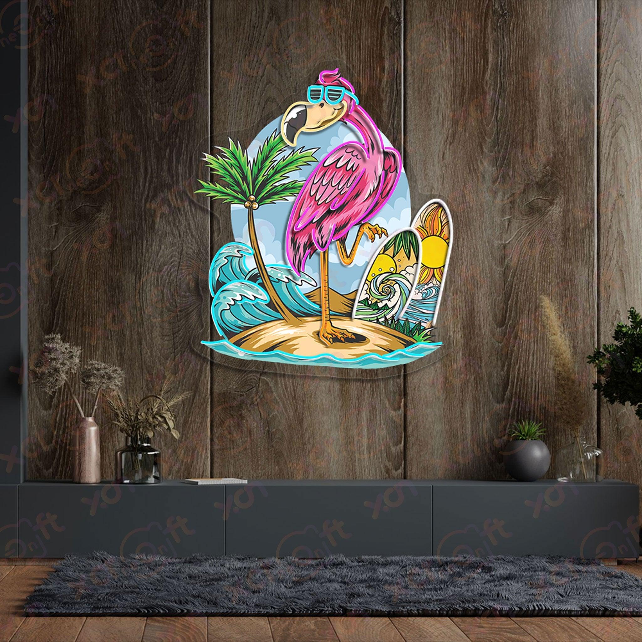 Neon flamingo sign summer vibes tiki bar wall art