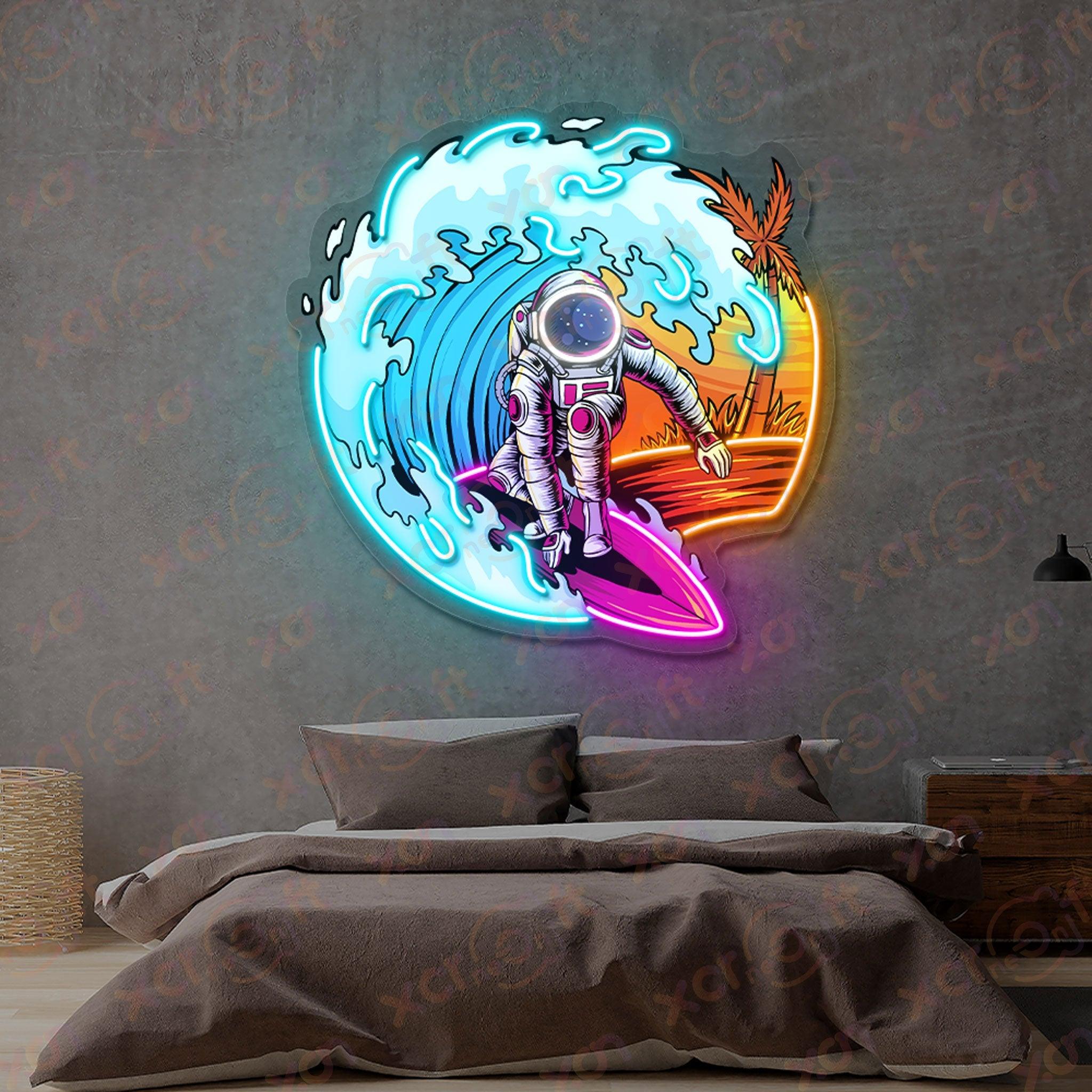 Space surfer neon sign astronaut riding wave sunset.