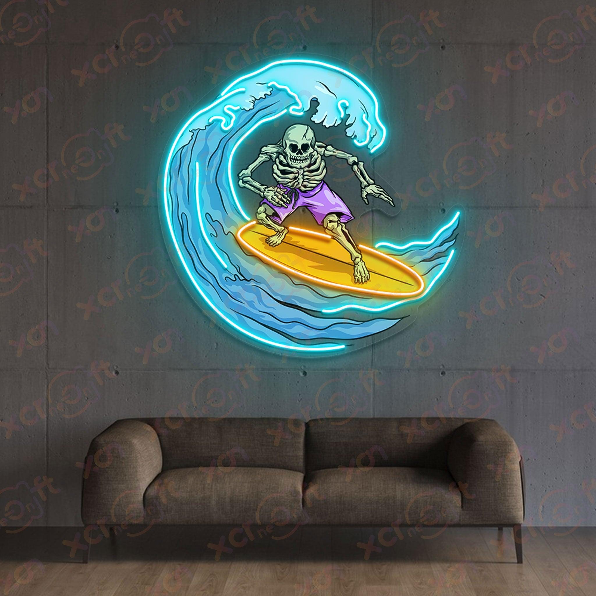 Skeleton surfing neon light tiki bar wall art.