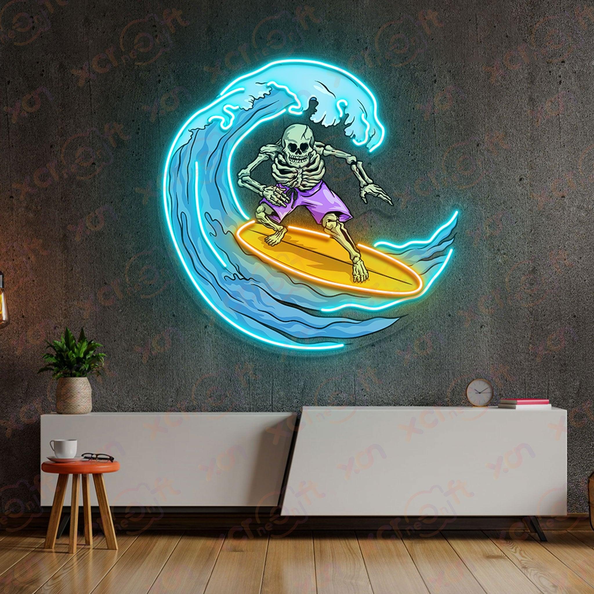 Neon sign skeleton surfing wave beach vibes.