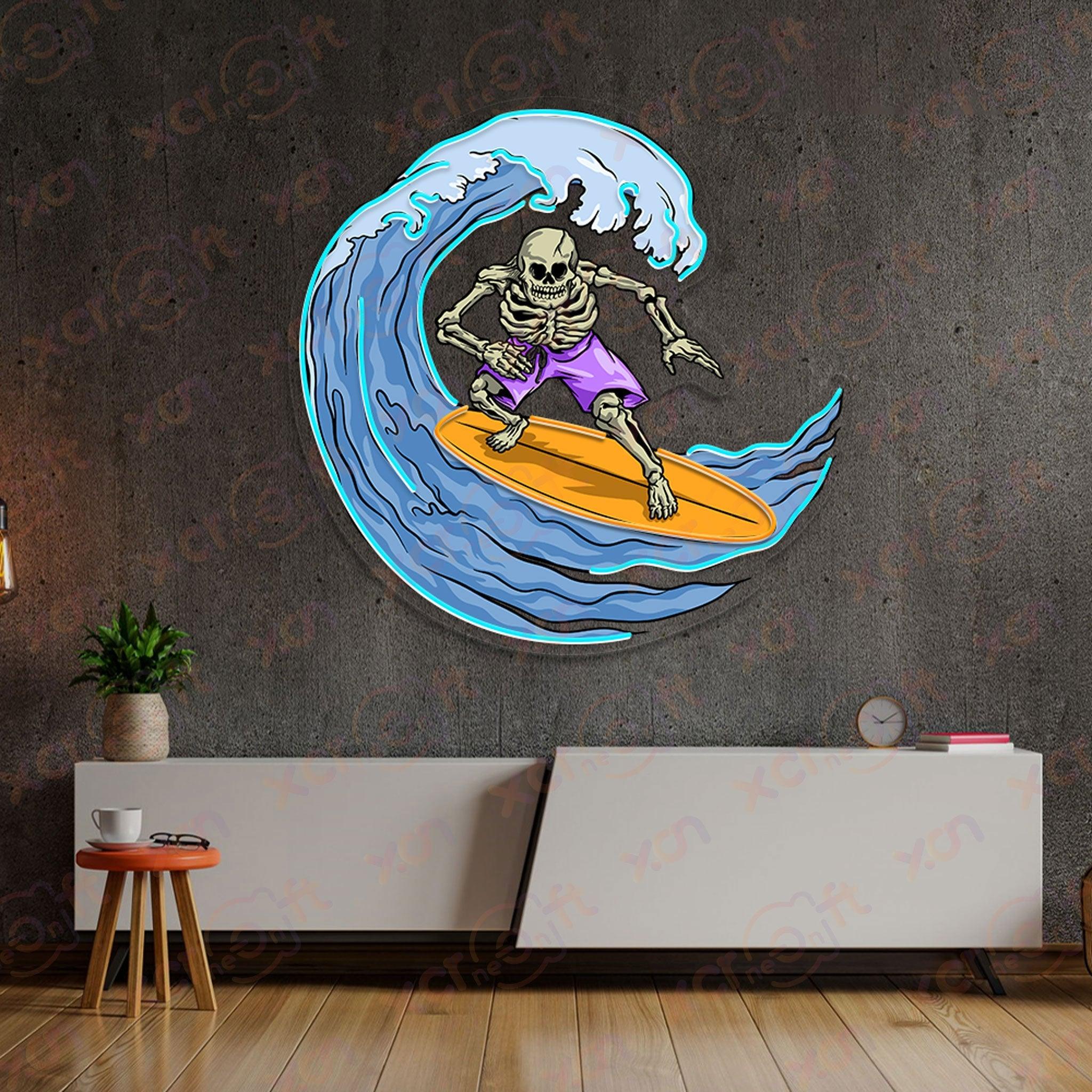 Blue neon sign skeleton riding wave surfboard.