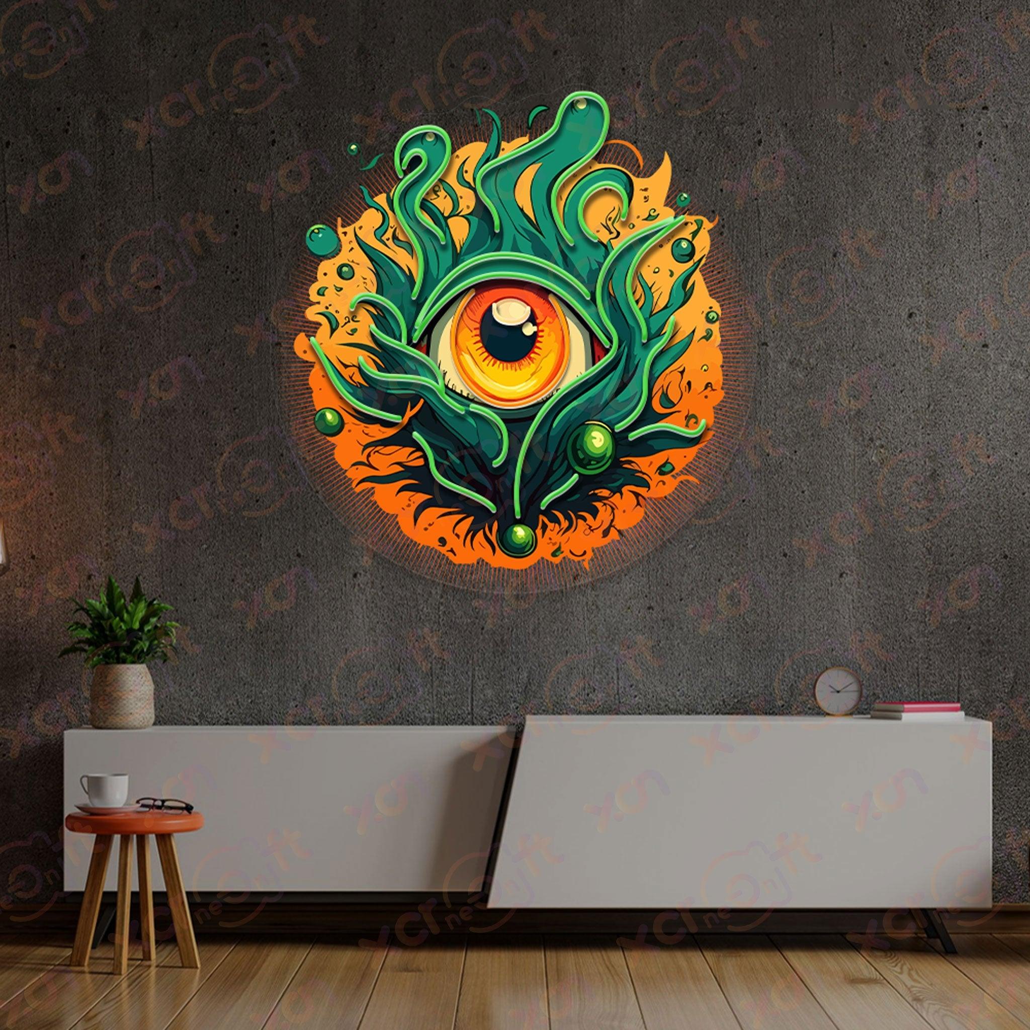 Green neon eye with tentacles wall decor