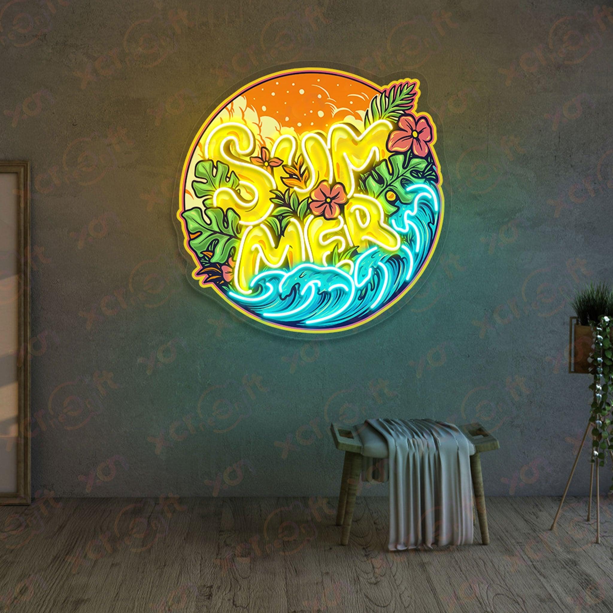 Tropical summer neon sign with flowers and waves.