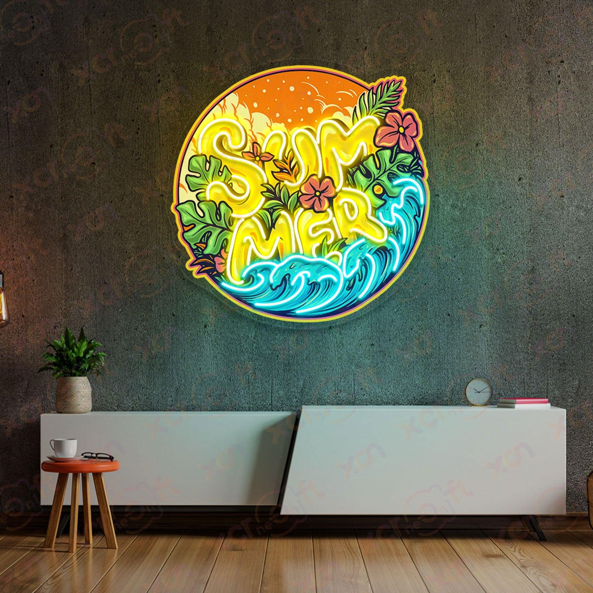 Summer neon light tropical flowers and waves.