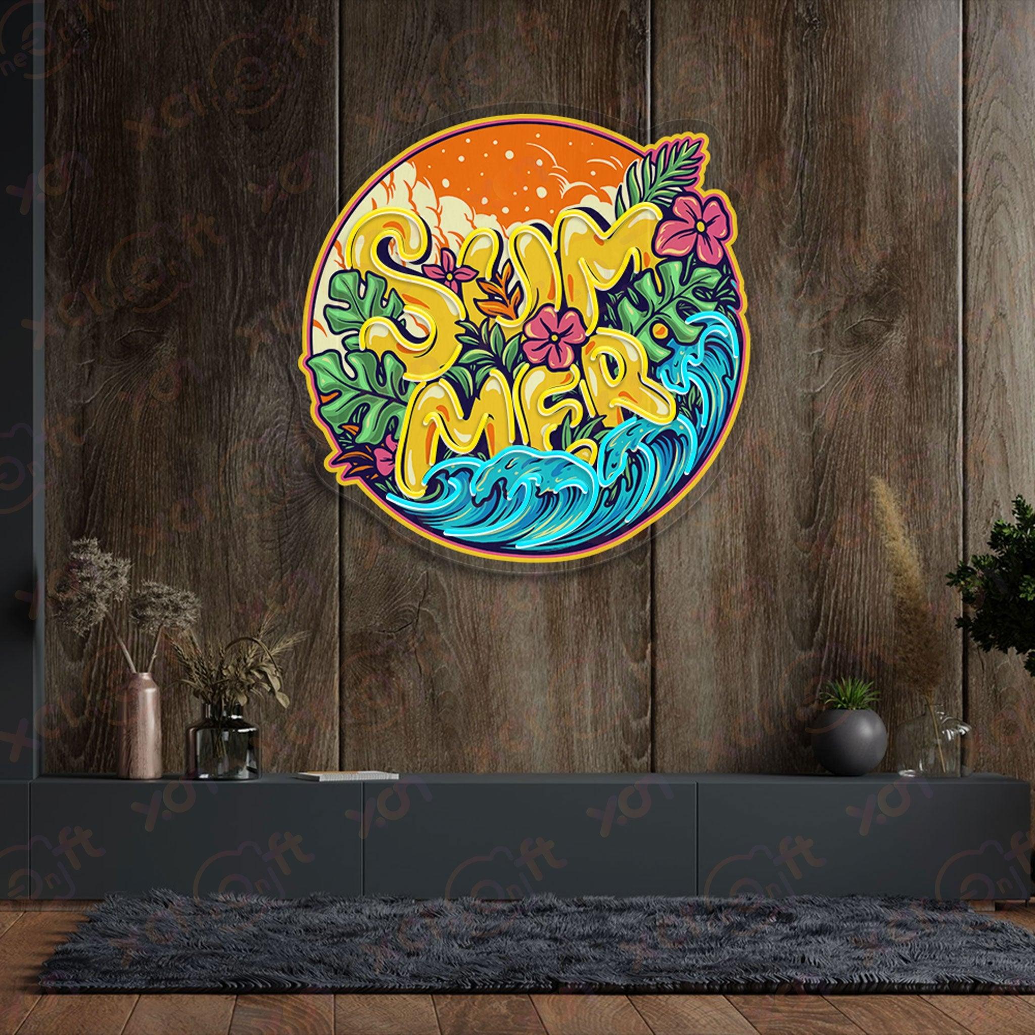 Colorful neon sign "Summer" beach decor.