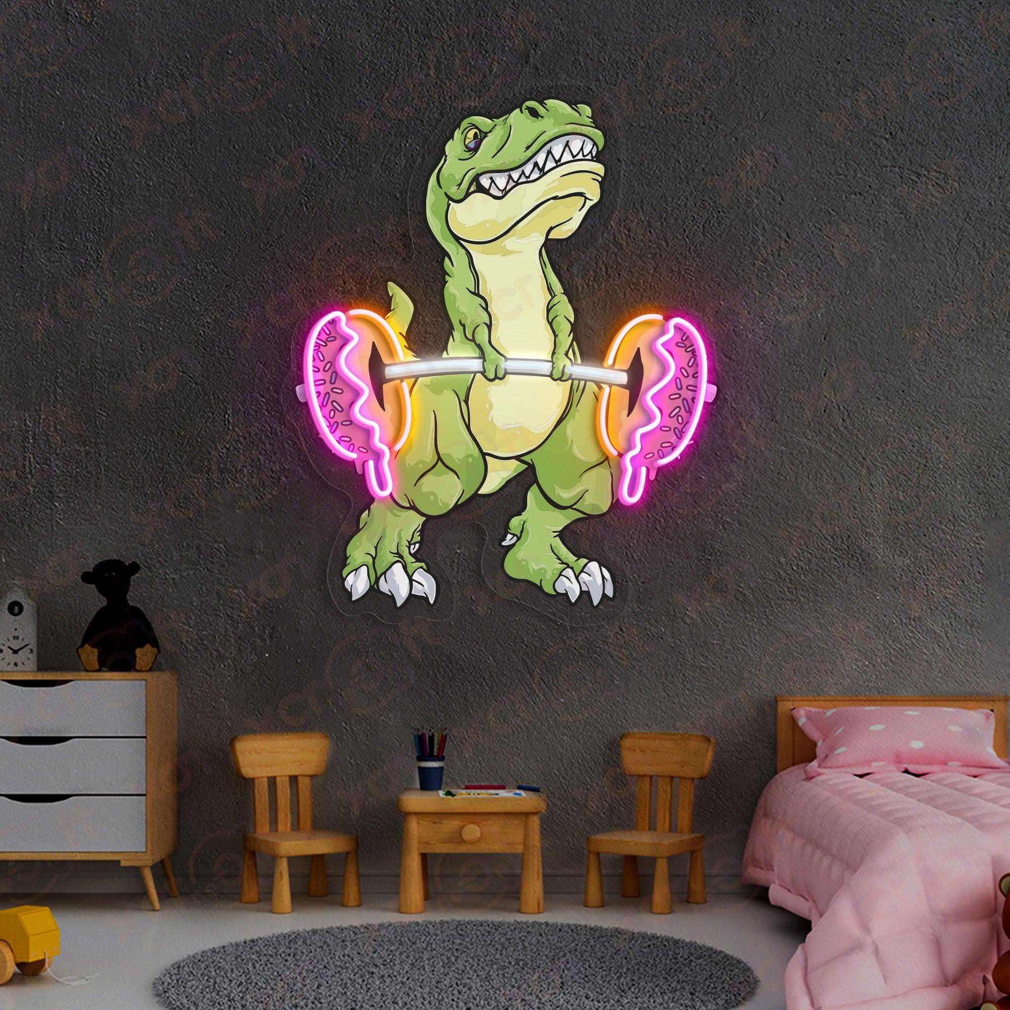 Custom neon sign dinosaur lifting donuts fitness