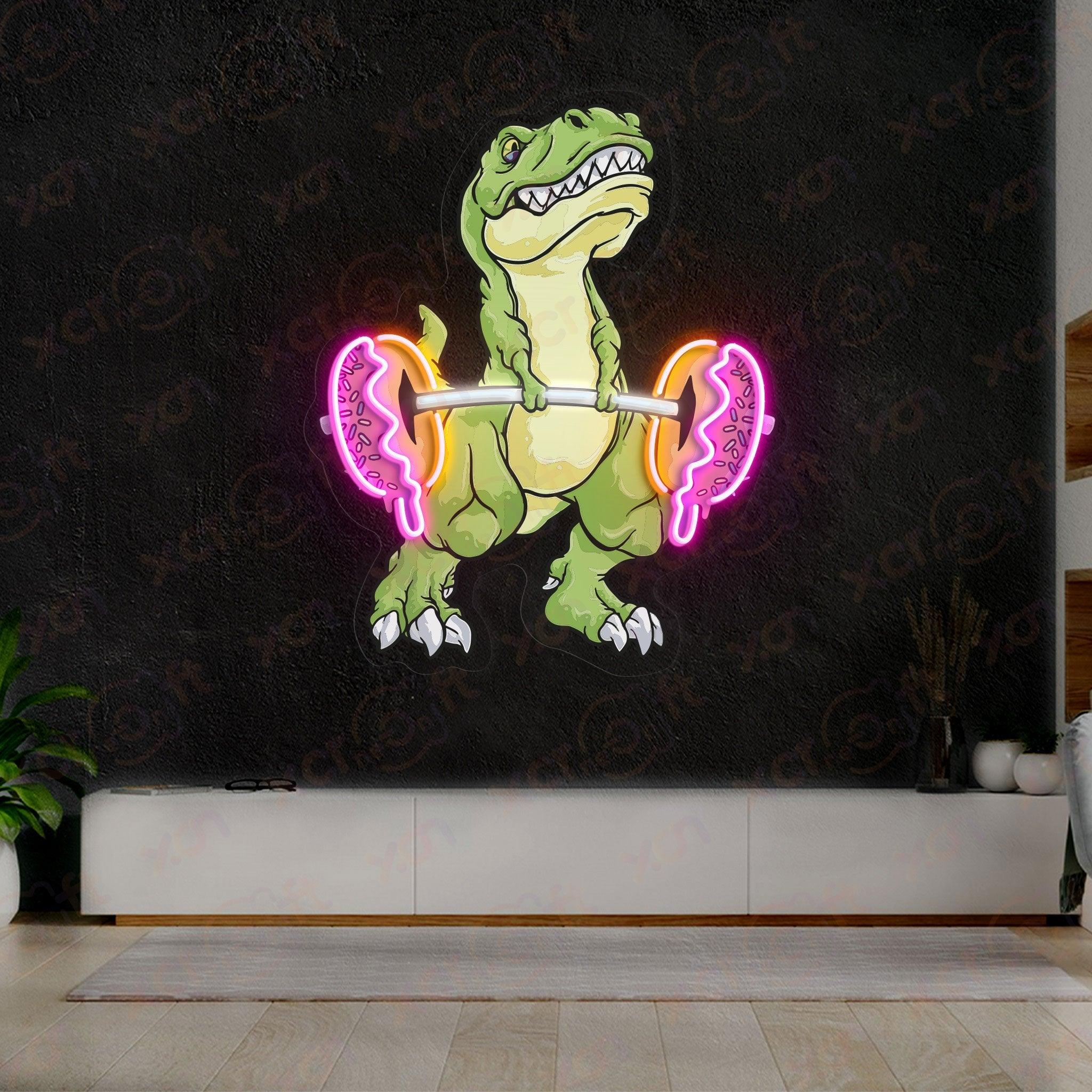 Funny neon sign T-Rex lifting donut weights