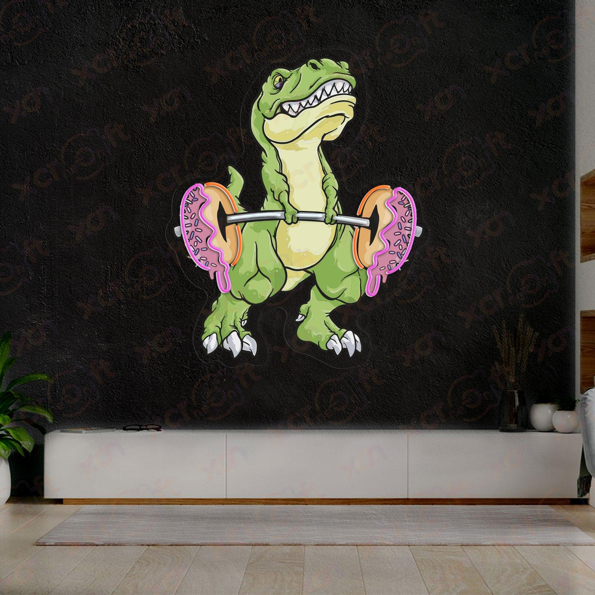 Quirky neon light dinosaur gym humor donut