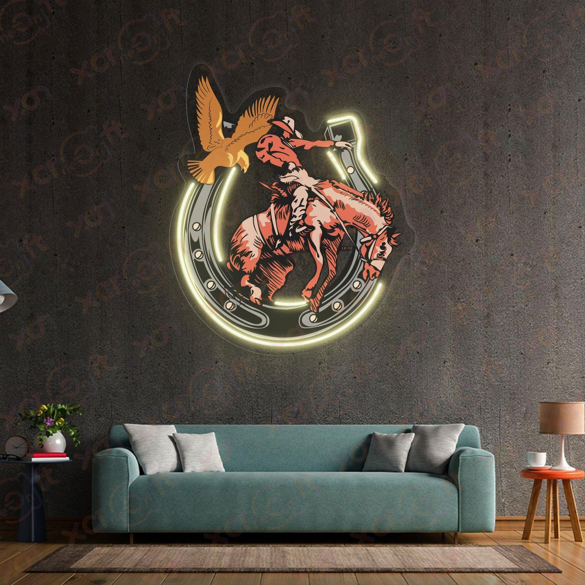 cowboy neon sign horseshoe luck wall art