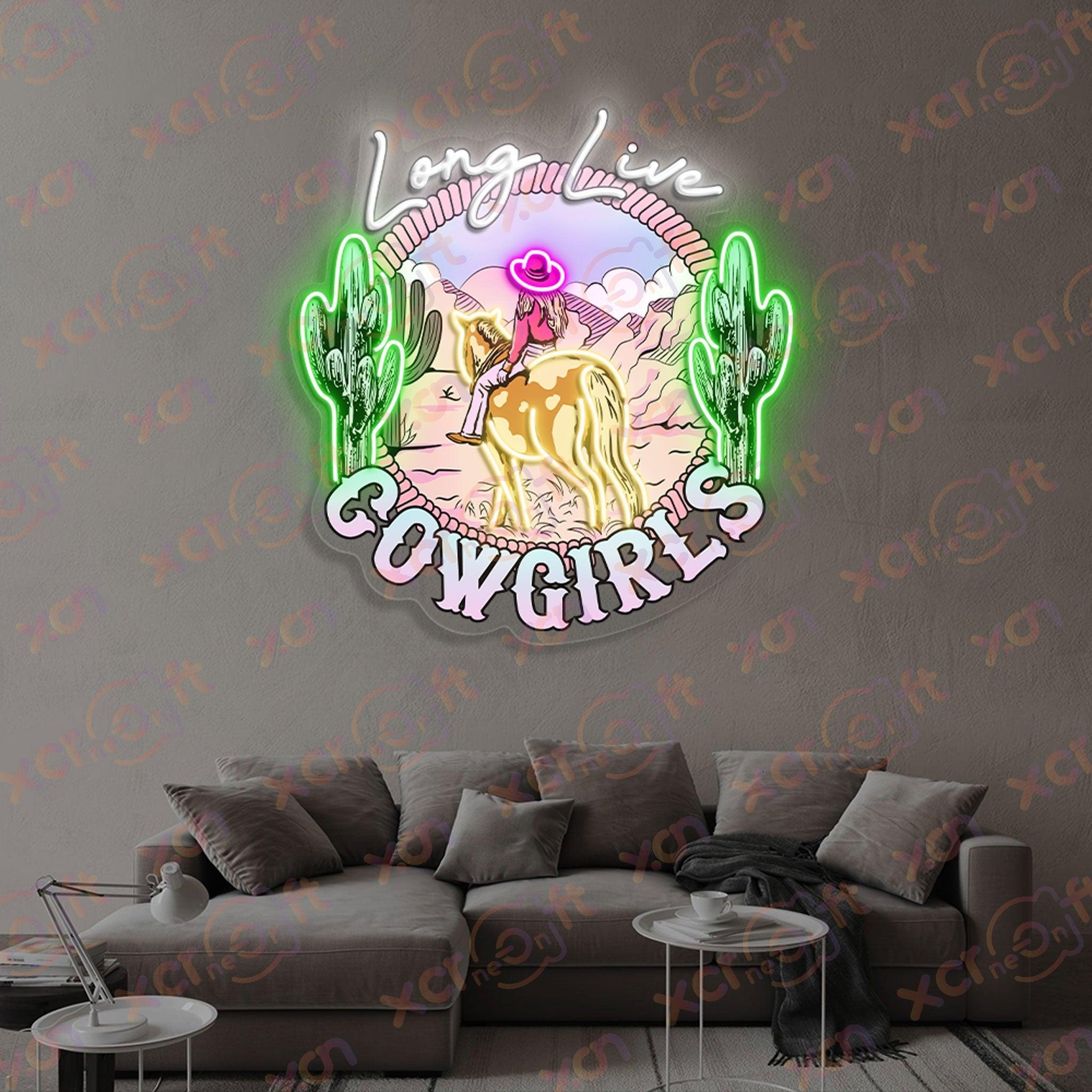 Cowgirl neon sign "Long Live Cowgirls" cactus scene