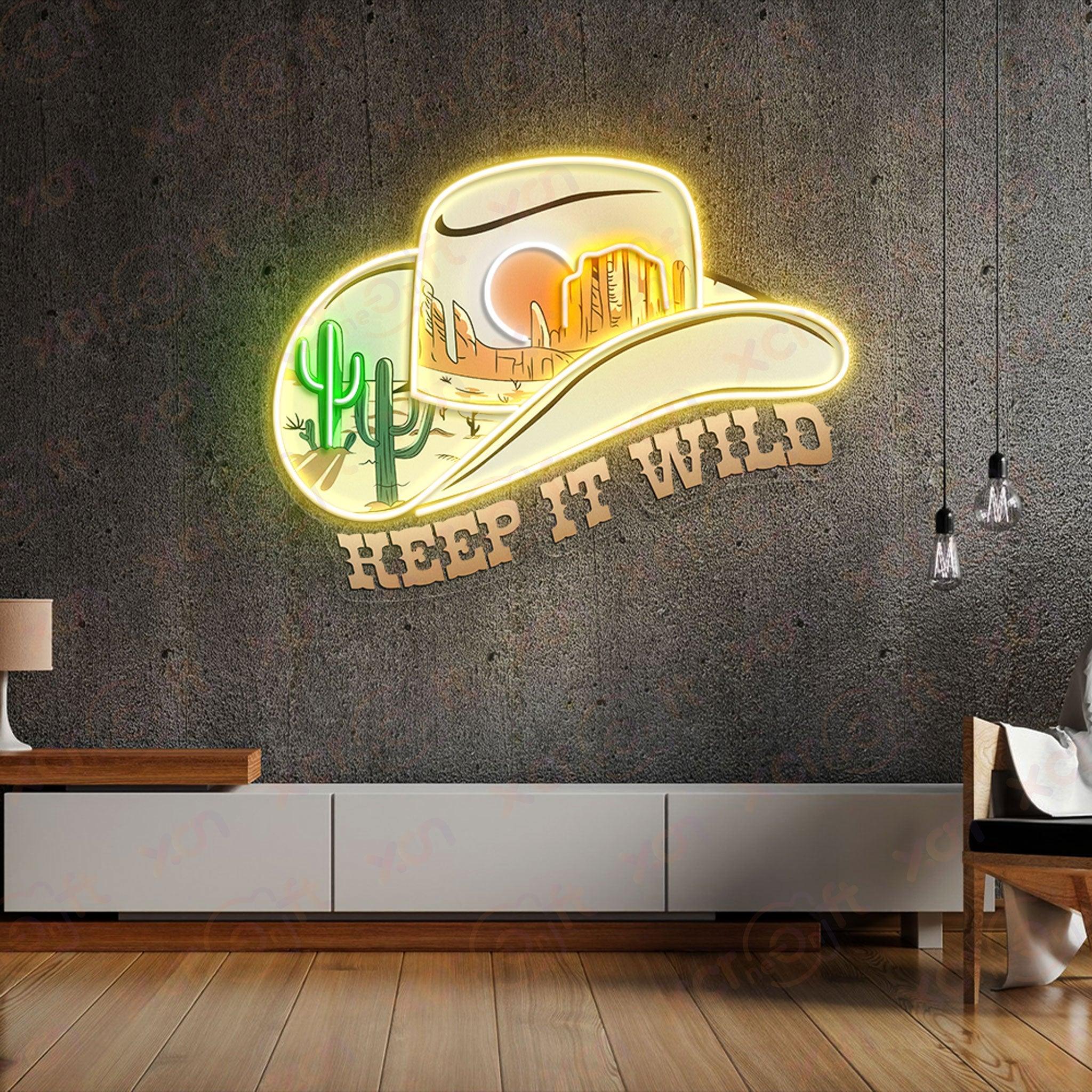 Neon sign cowboy hat cactus sunset "Keep It Wild"