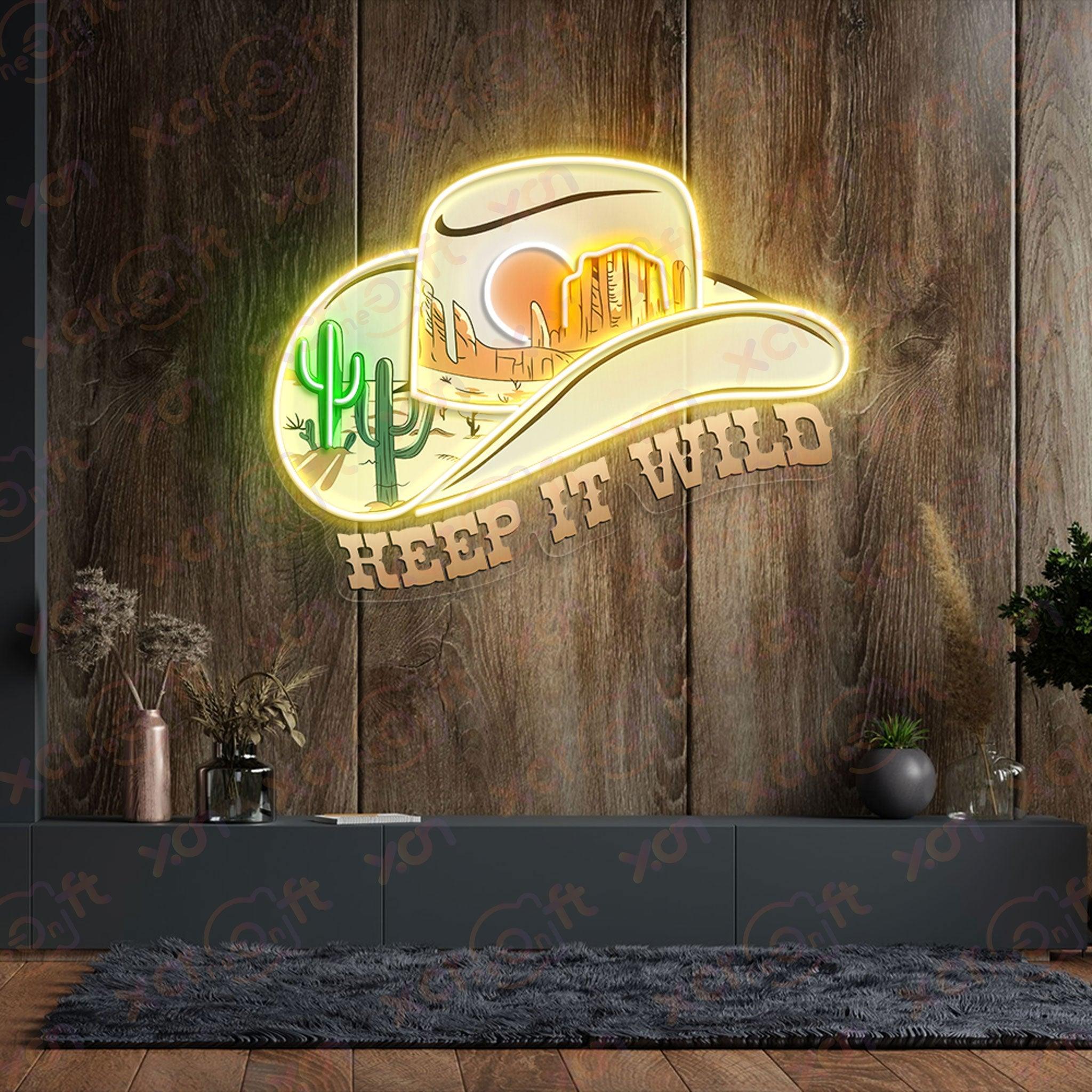 Western neon sign cowboy hat desert