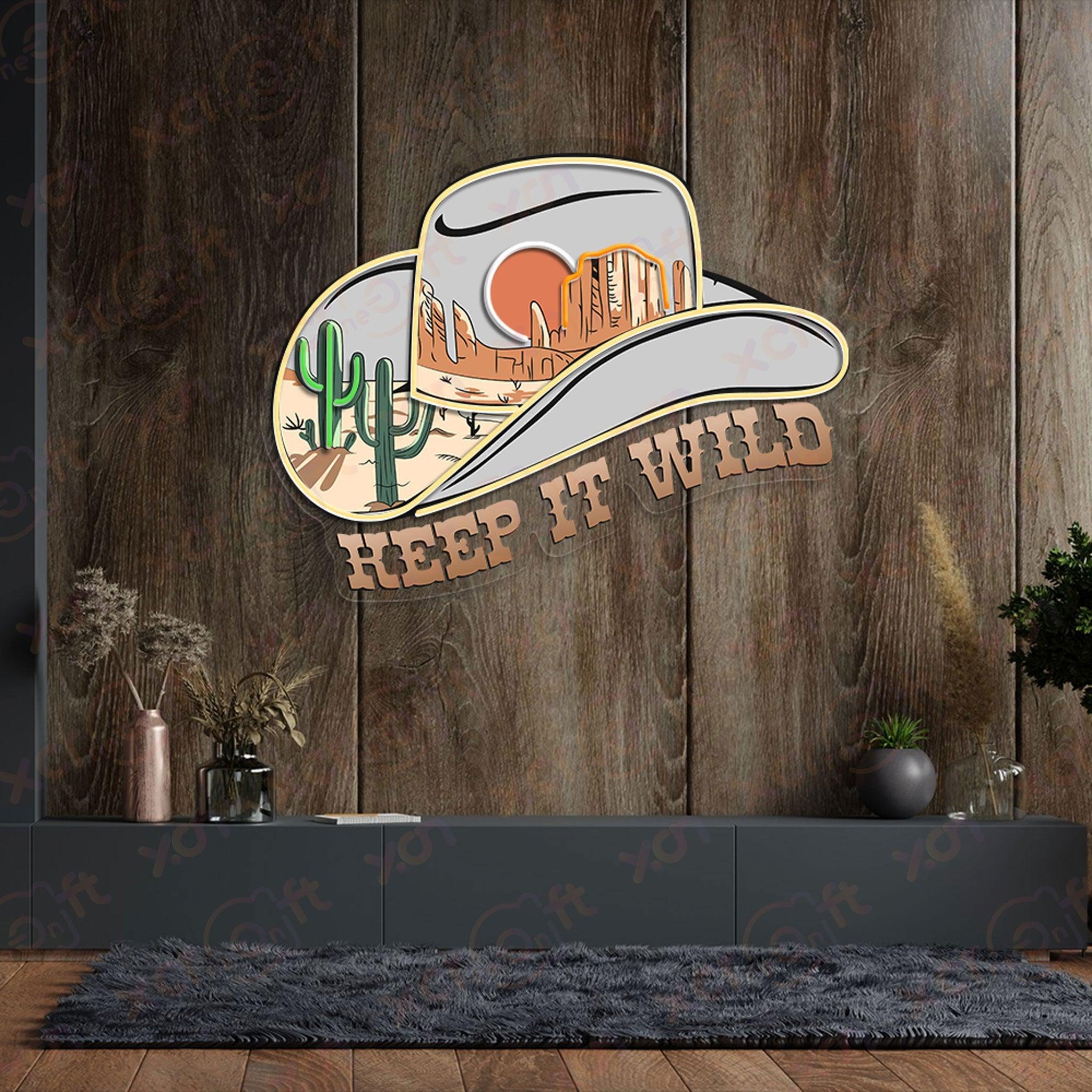 Custom neon sign cowboy hat sunset "Keep It Wild"