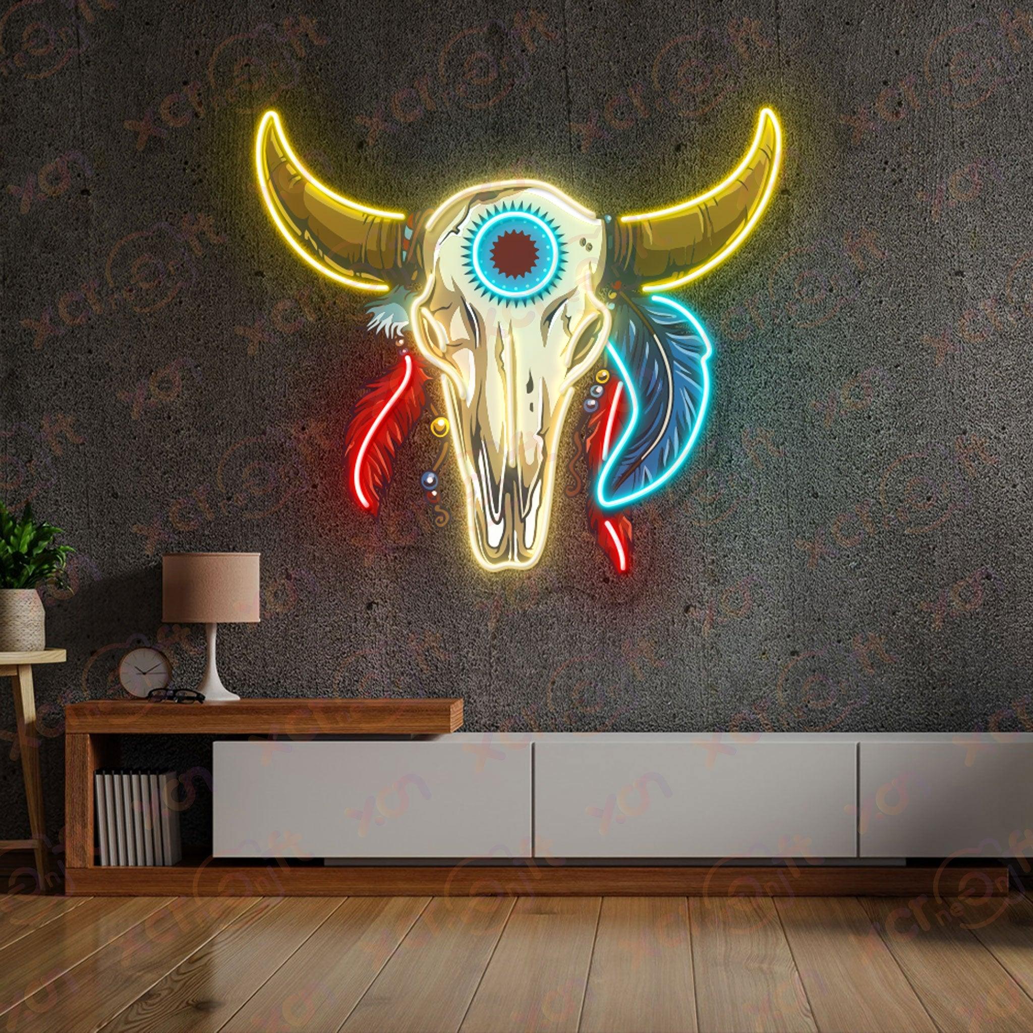 Neon sign bull skull feathers Western decor