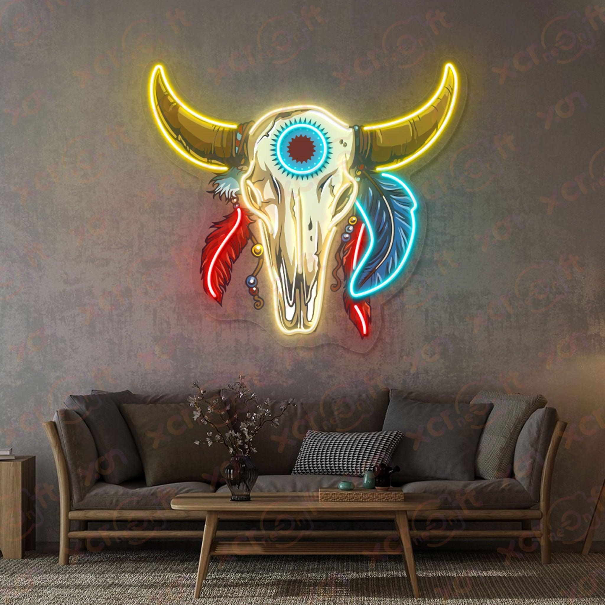 LED neon sign bull skull feathers boho wall art