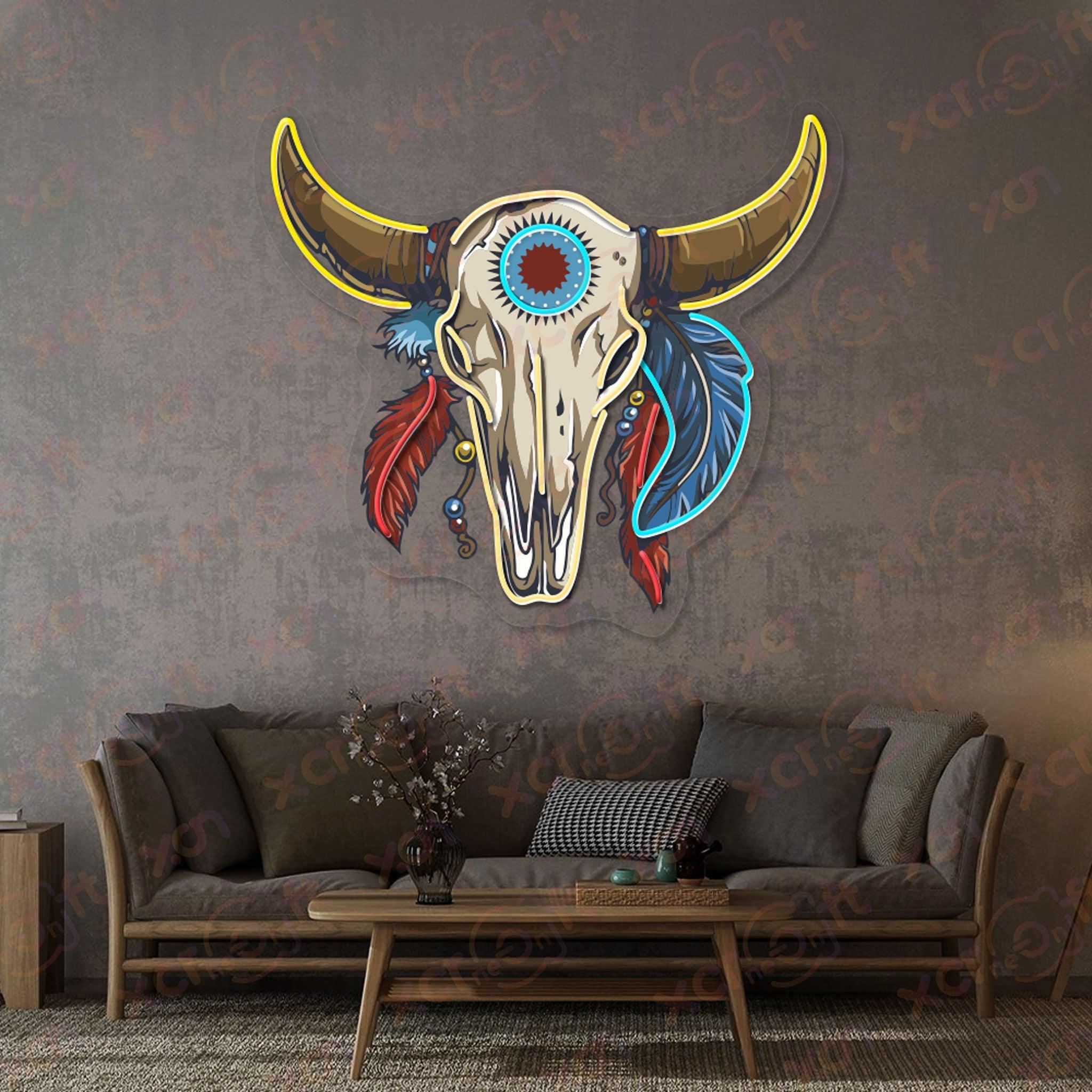 Neon light bull skull tribal Western decor