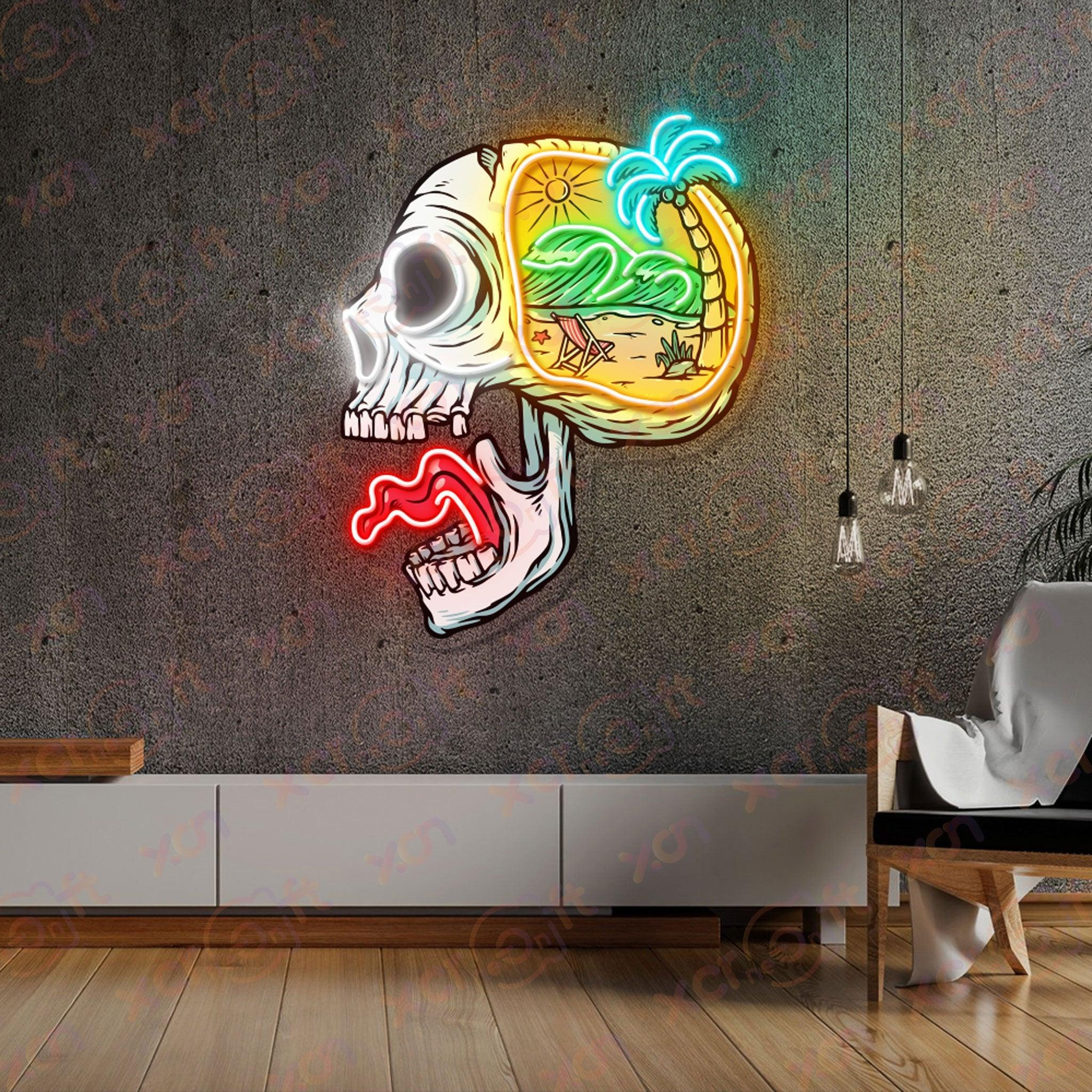 Neon skull with beach scene vacation vibes