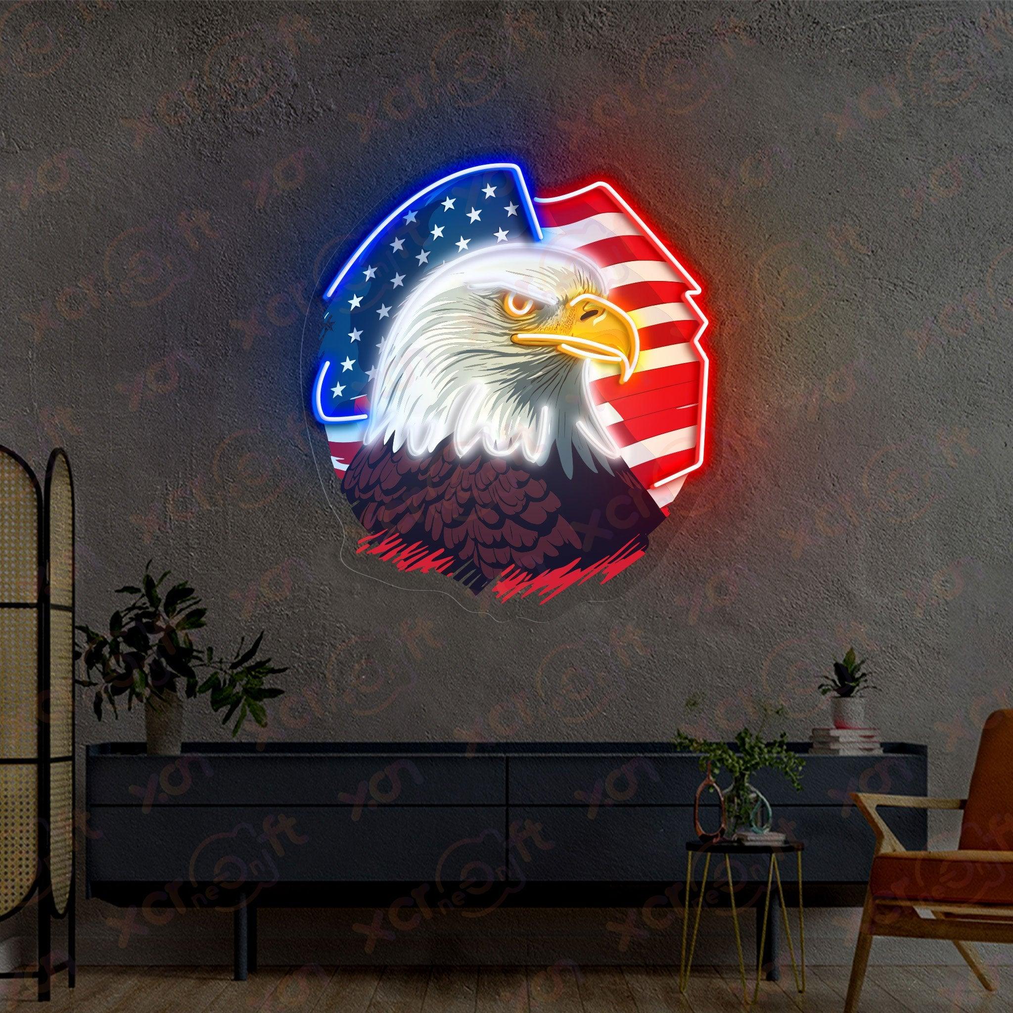 Patriotic neon sign American bald eagle flag