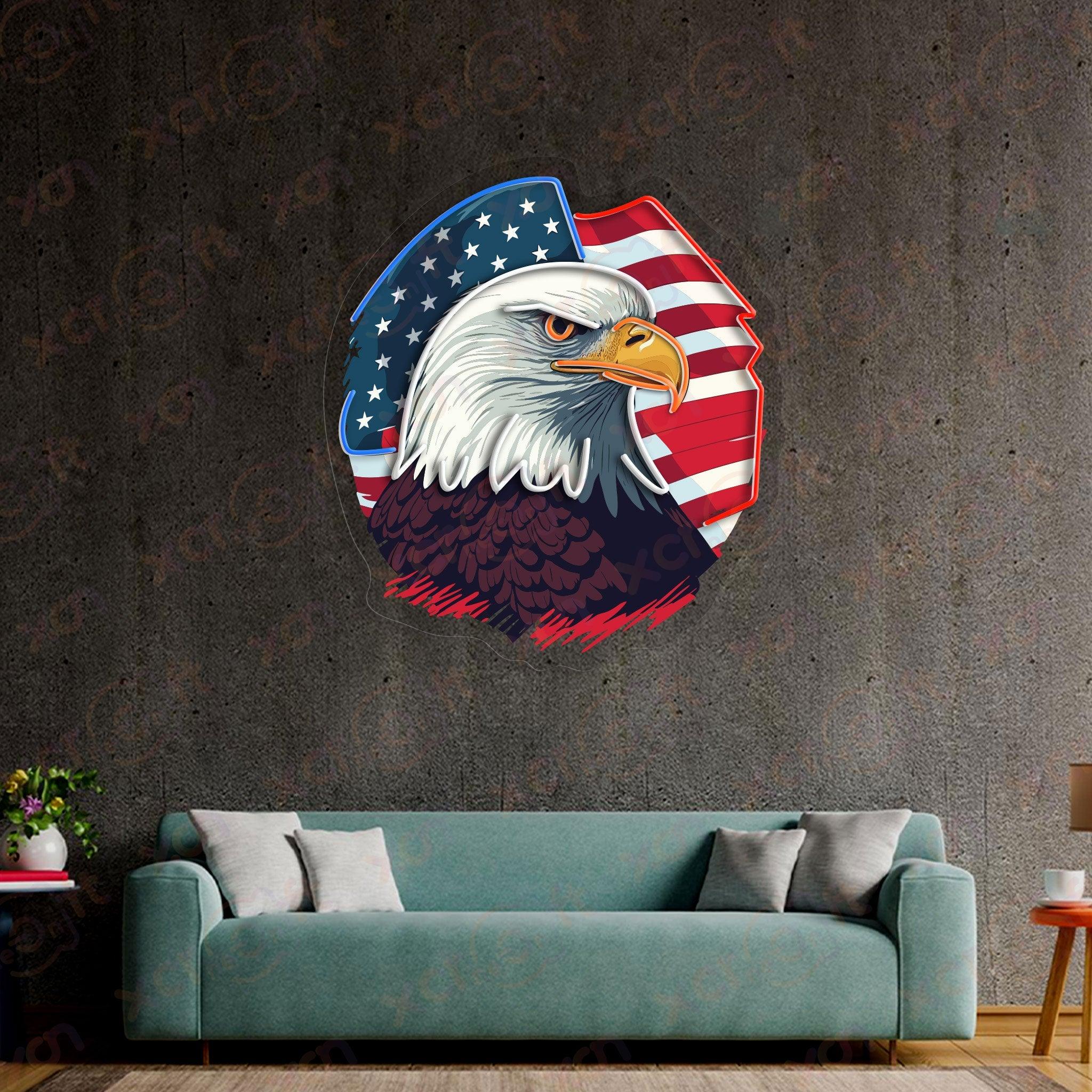 Neon light bald eagle American flag wall decor