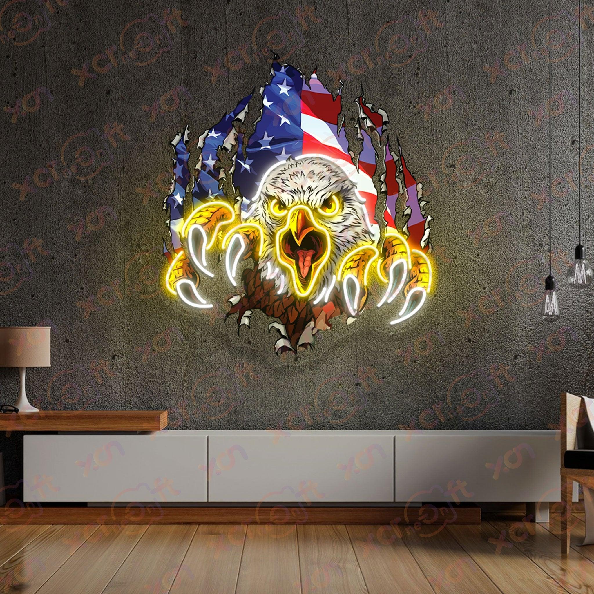 LED neon sign bald eagle ripping through American flag