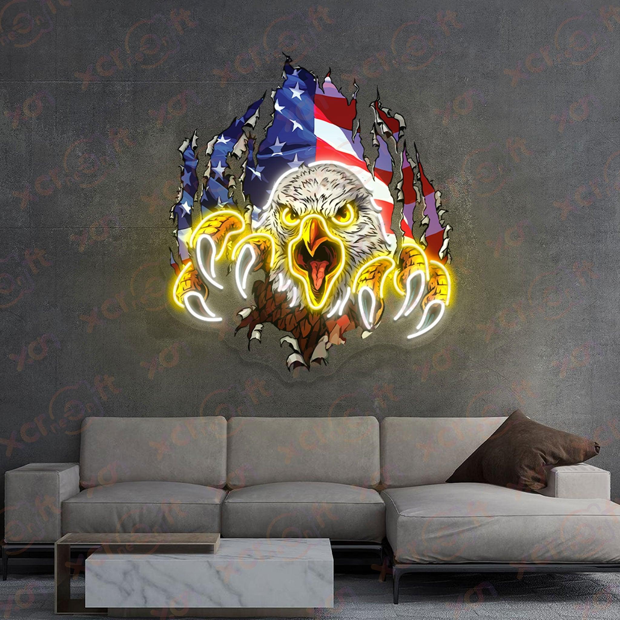 American bald eagle neon sign ripping through flag