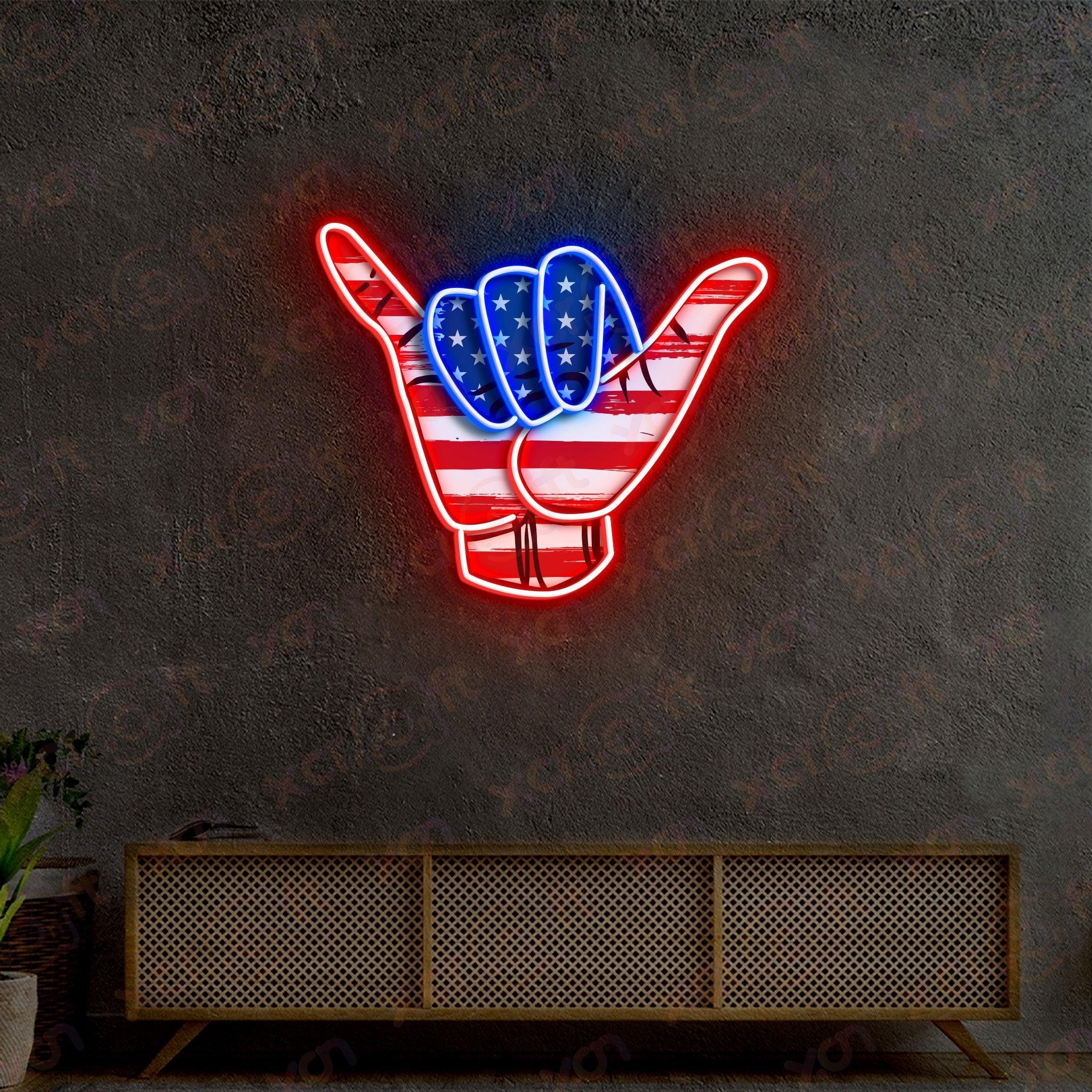 American flag shaka hand neon light wall decor