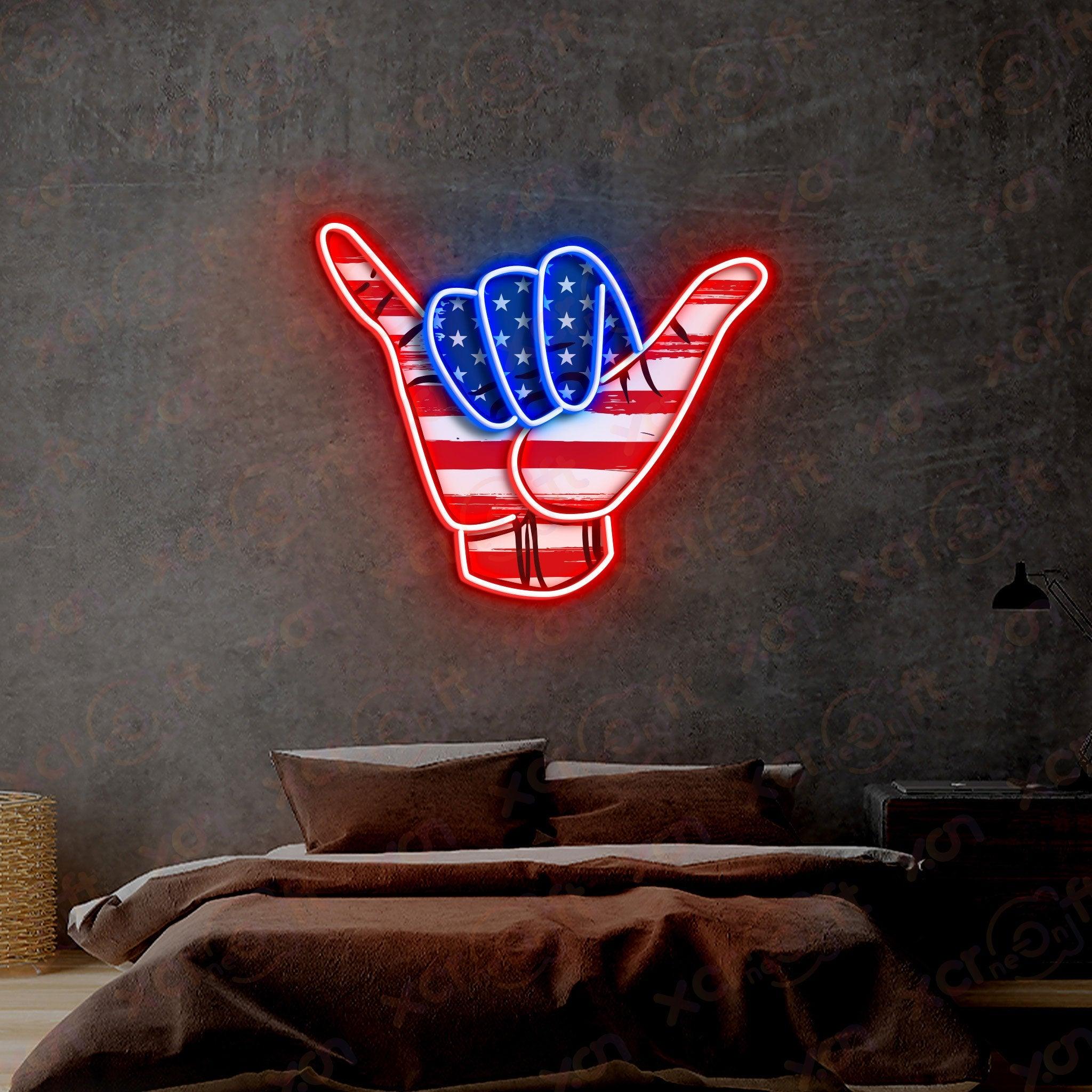 Patriotic neon sign shaka hand American flag