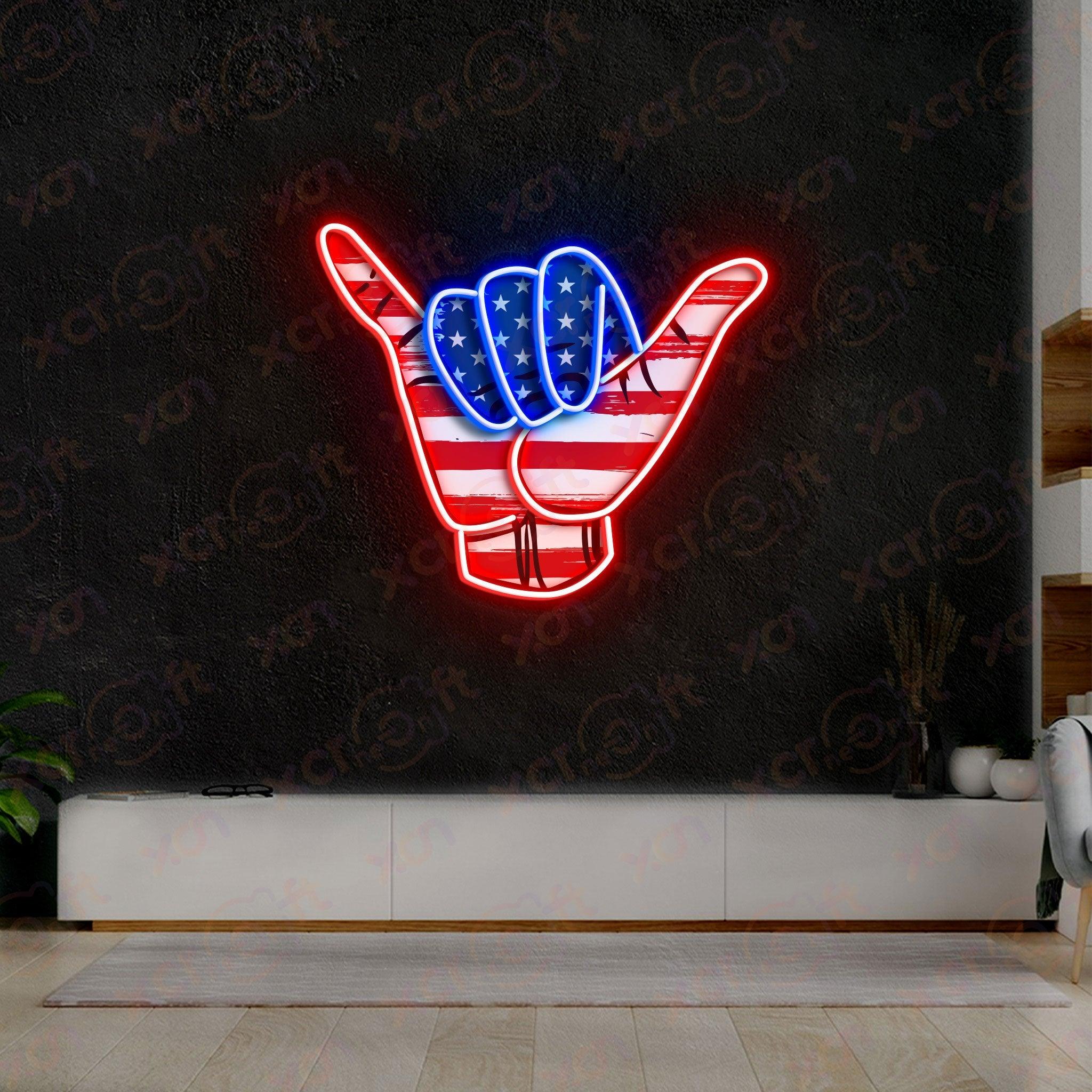 Shaka hand neon sign USA flag colors beach vibes