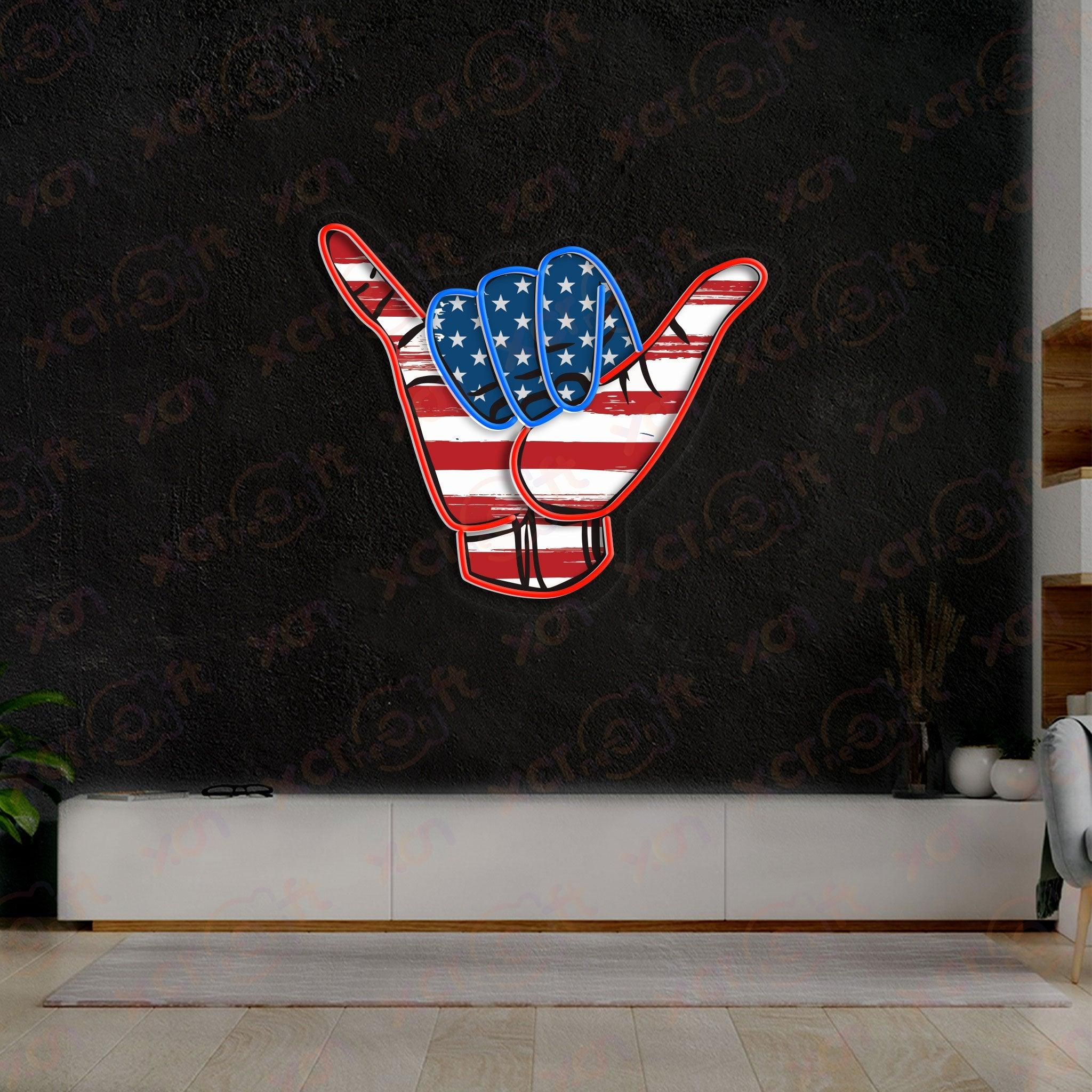 Neon sign patriotic shaka hand American flag design