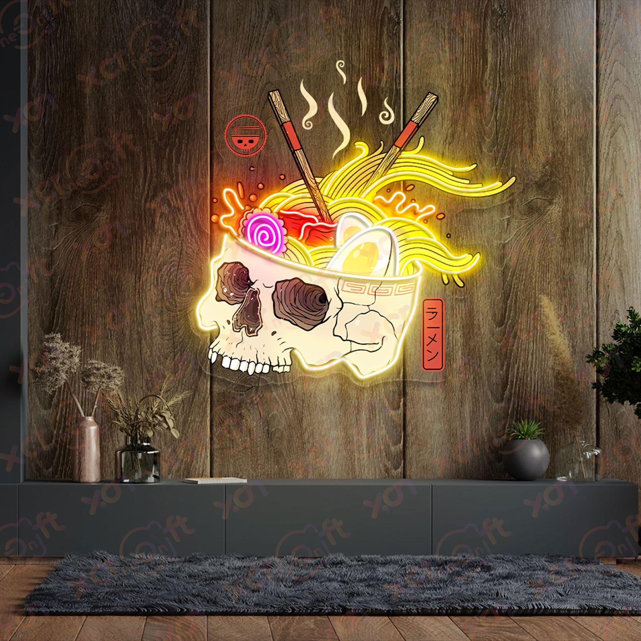 Neon sign ramen skull Japanese food decor