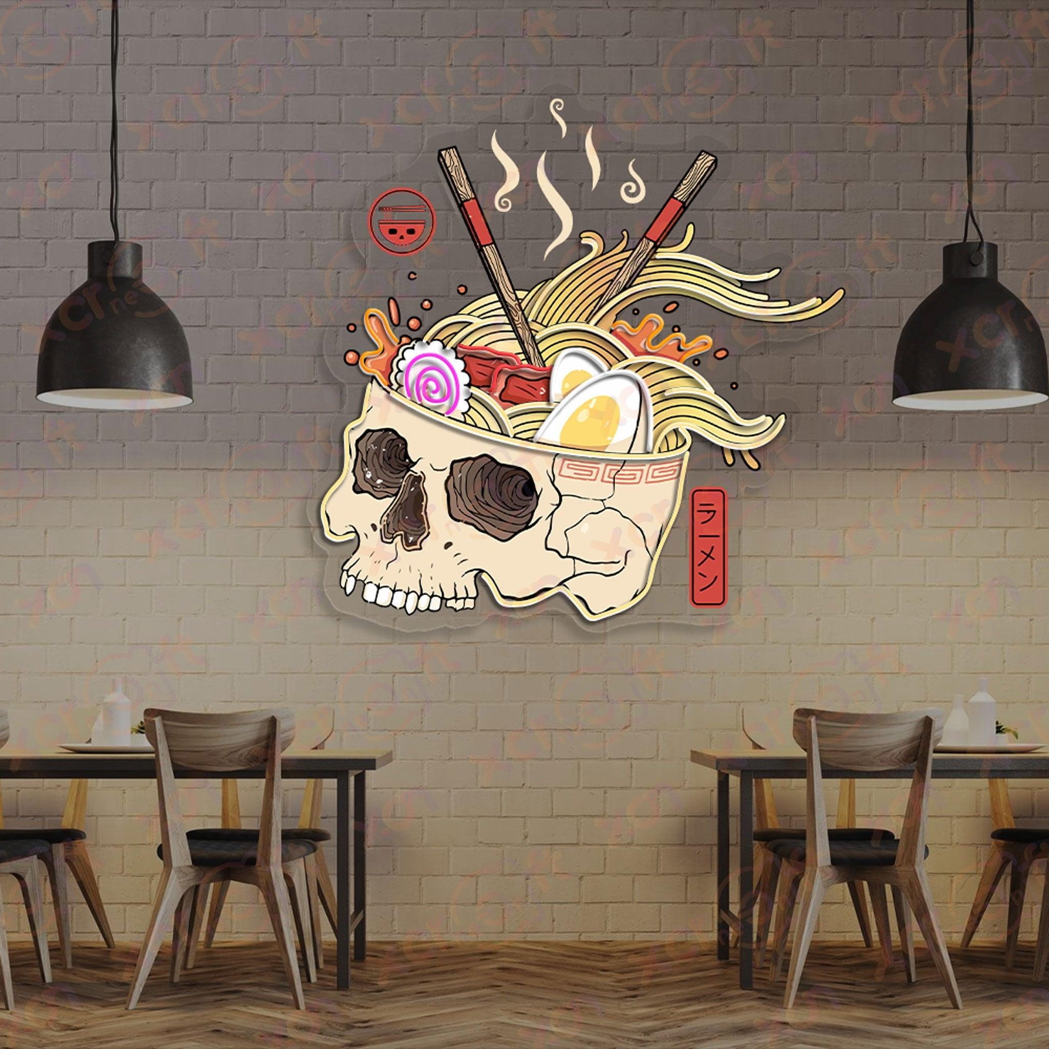 Ramen noodle skull neon sign restaurant art