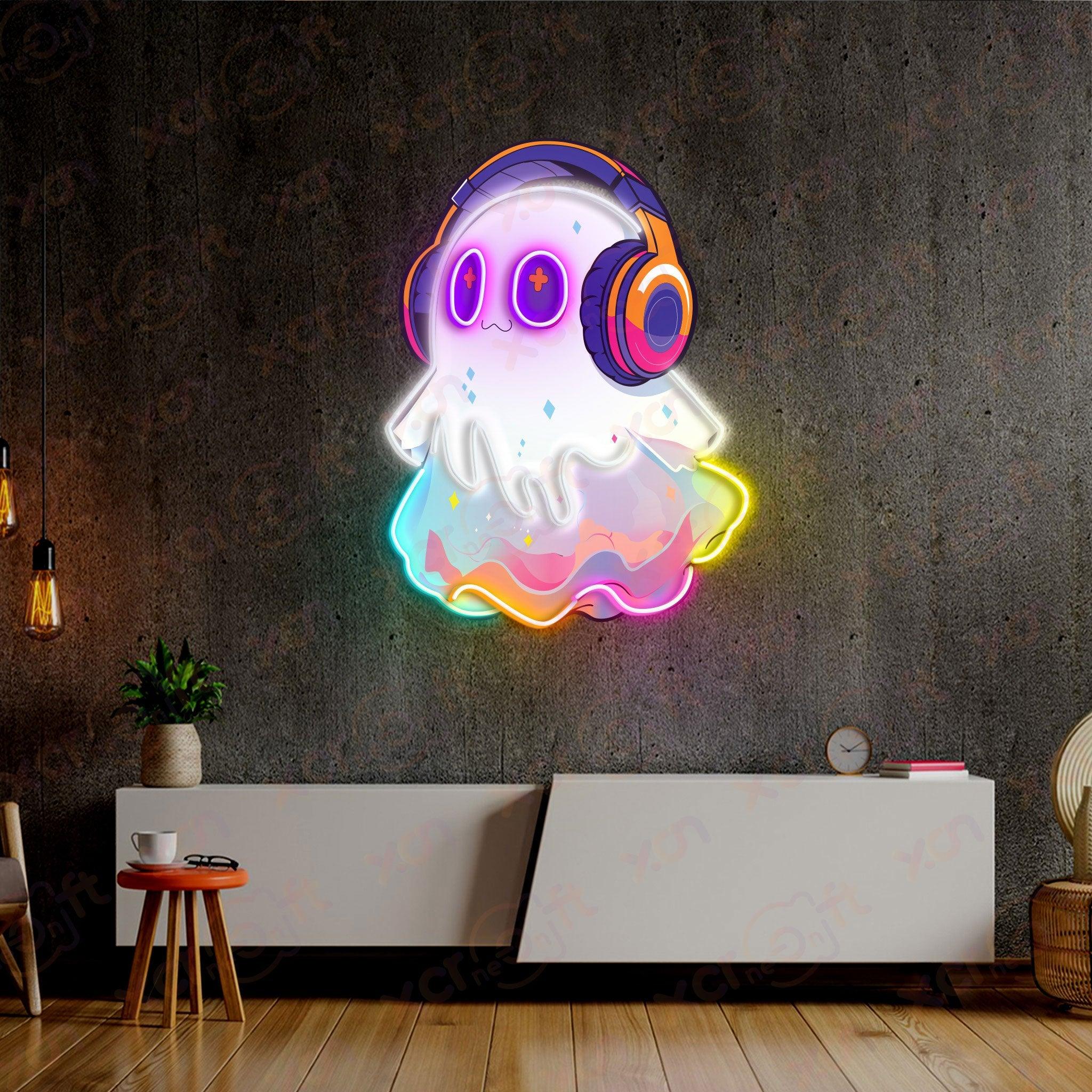 Kawaii ghost headphones neon light gamer room