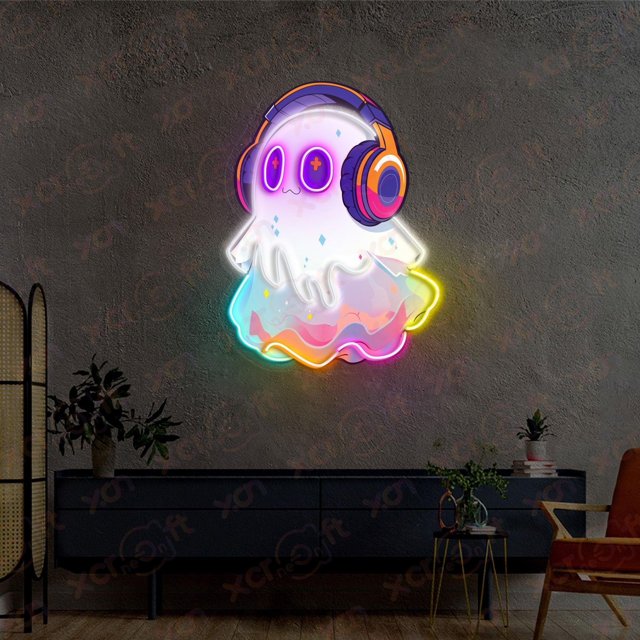 Cute ghost DJ neon sign music lover decor