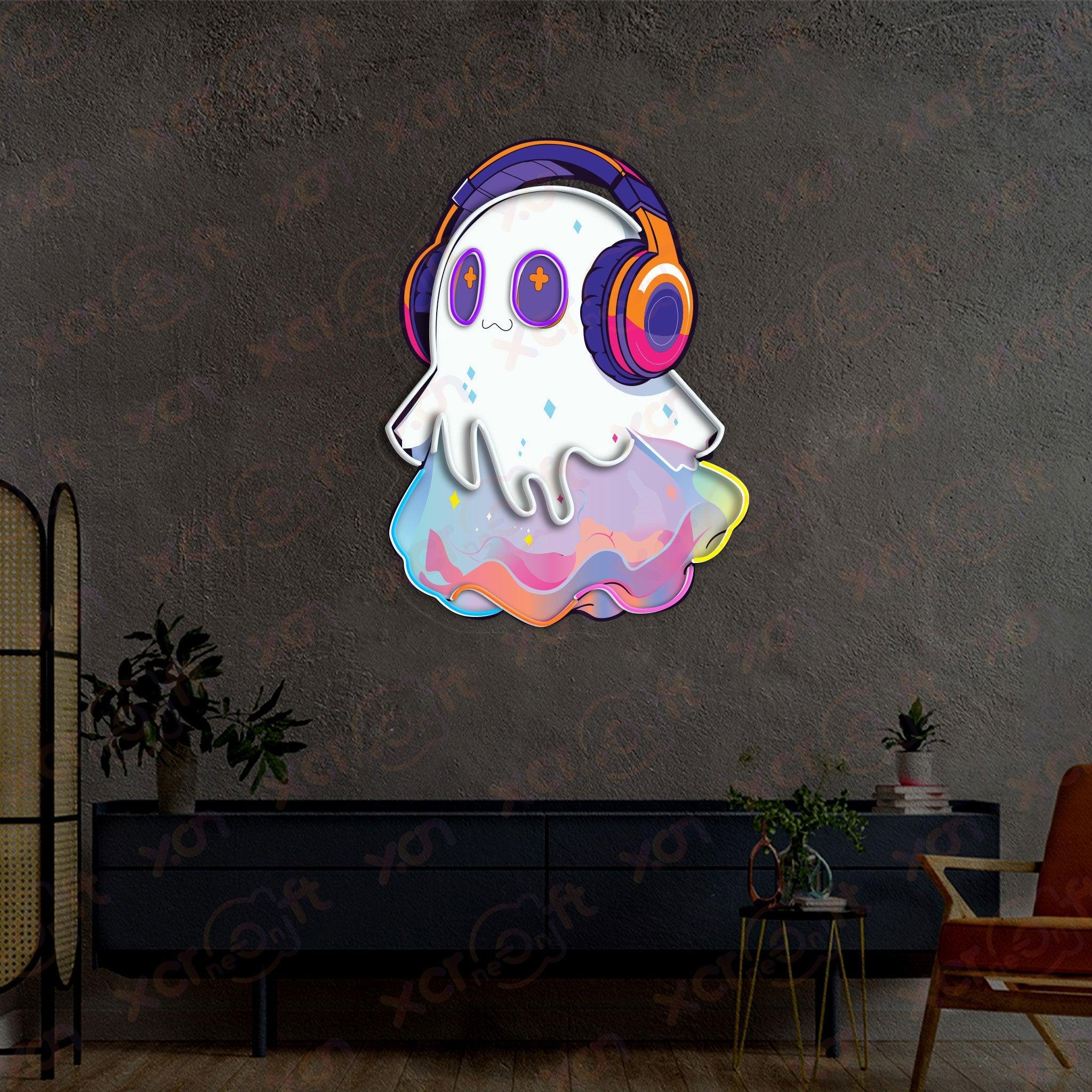 Pastel ghost with headphones neon light wall art