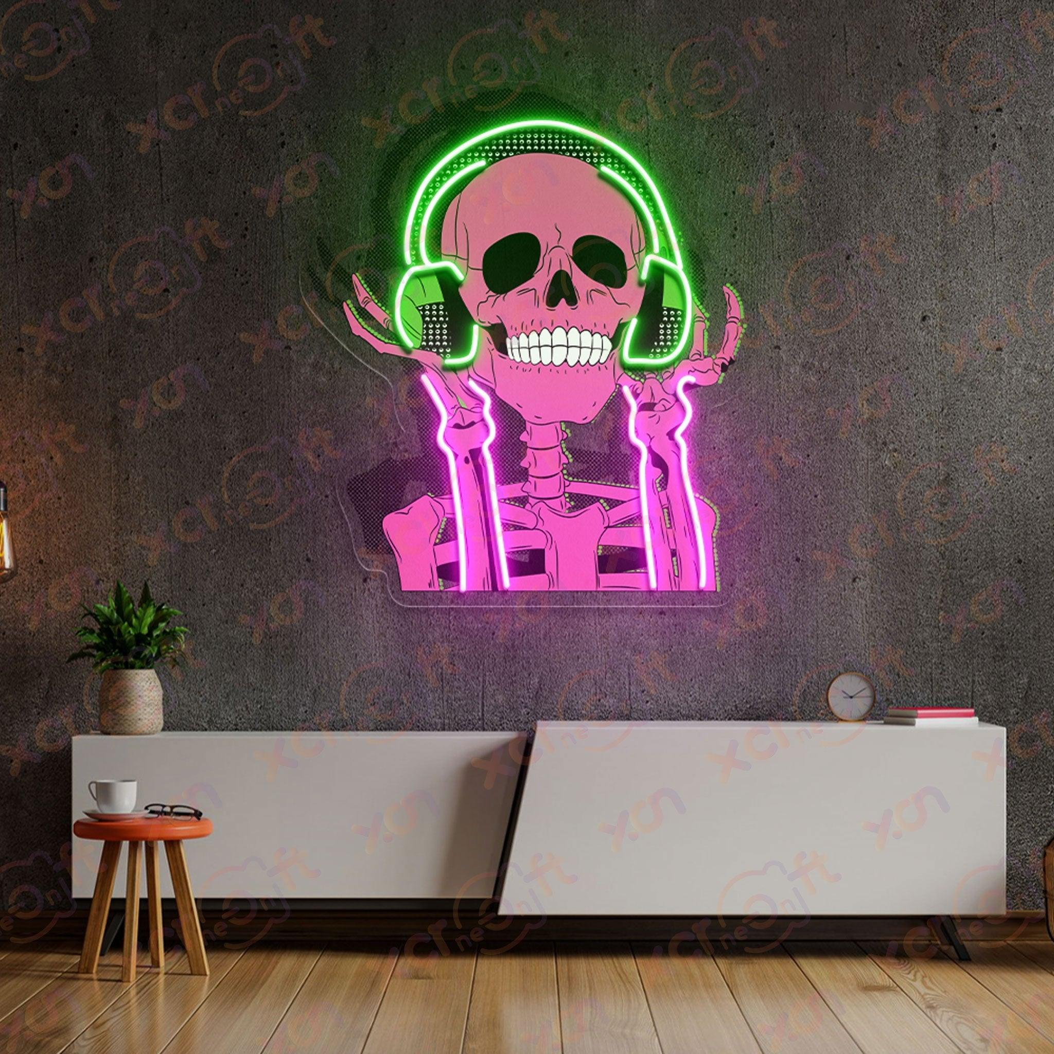 Skeleton DJ neon light music lover gift