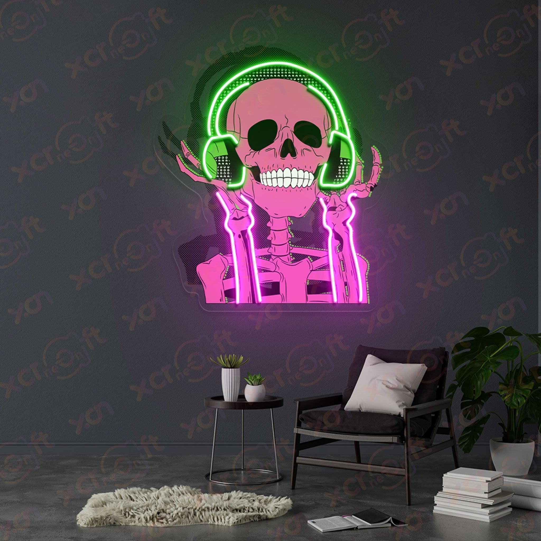 Cool neon sign skeleton DJ music lover decor