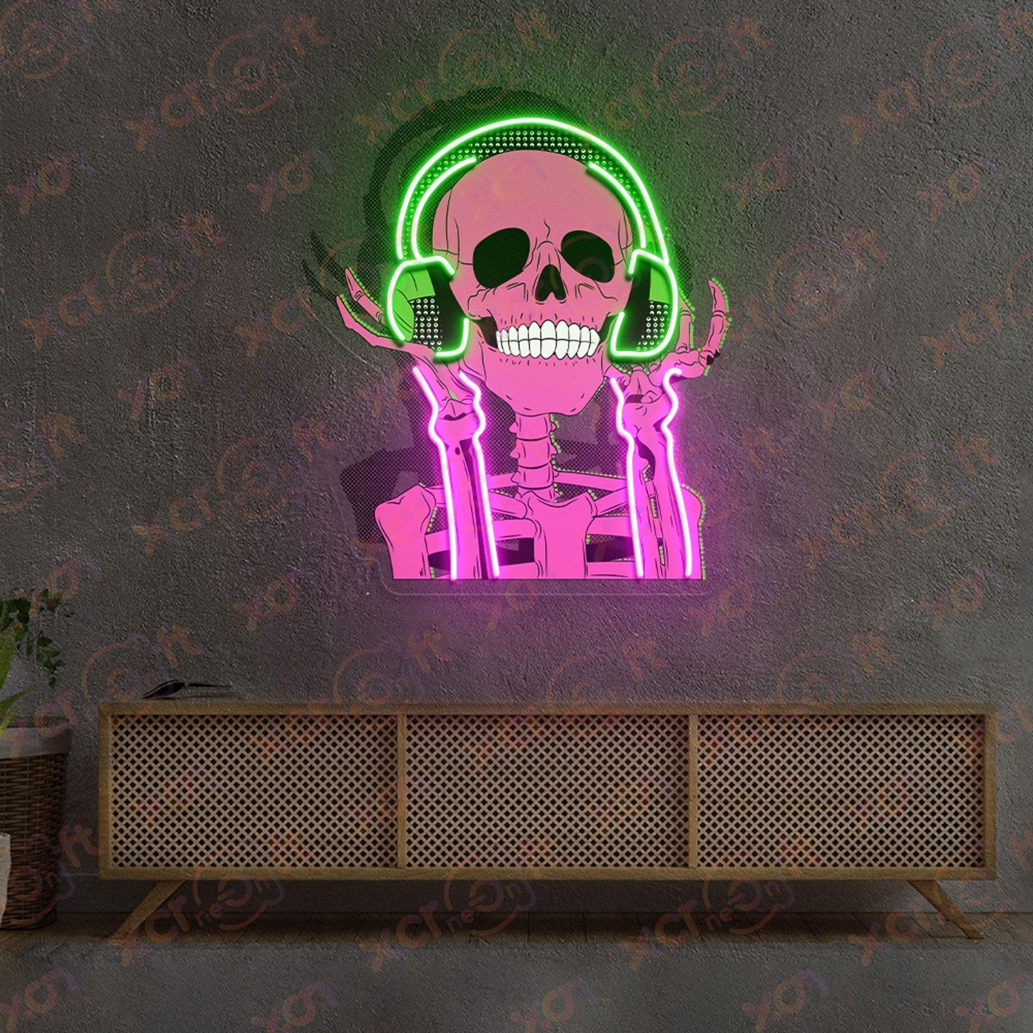 Neon sign skeleton DJ headphones party vibes