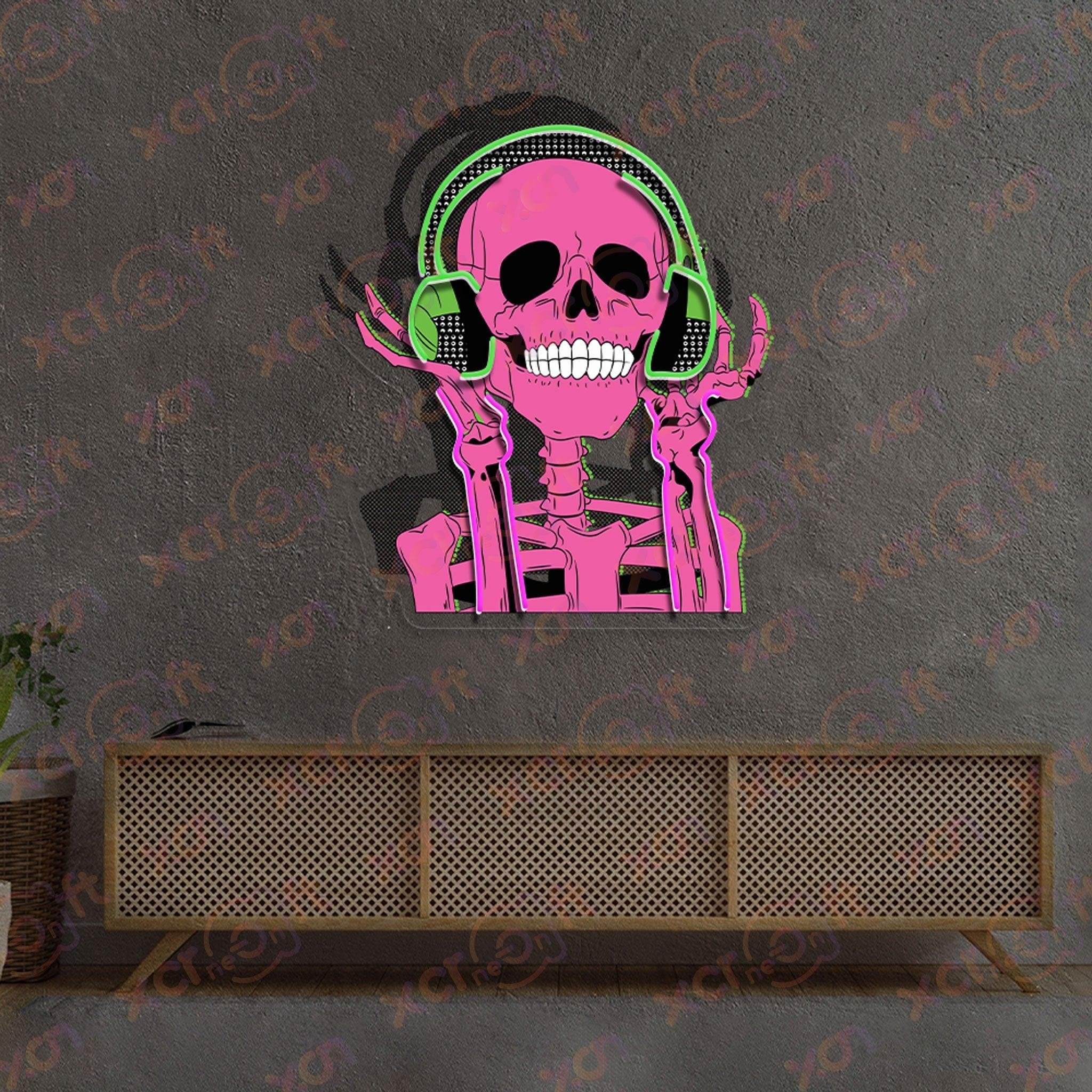 Skeleton with headphones neon sign music decor