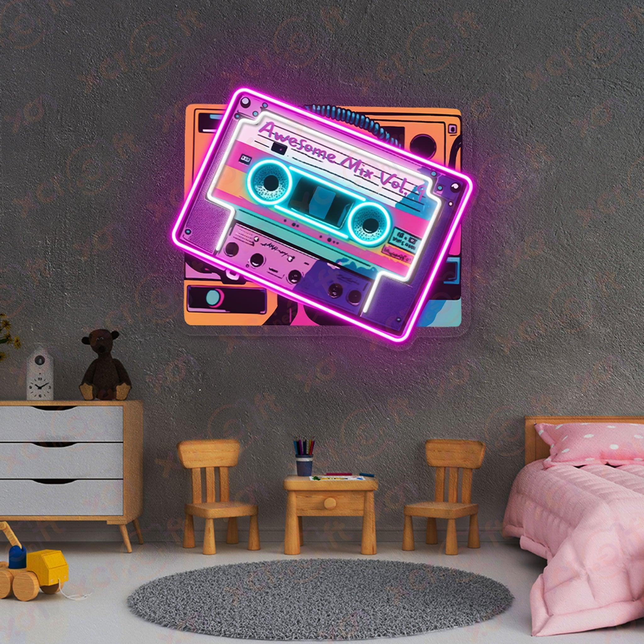 Retro neon sign cassette tape "Awesome Mix Vol" music lover