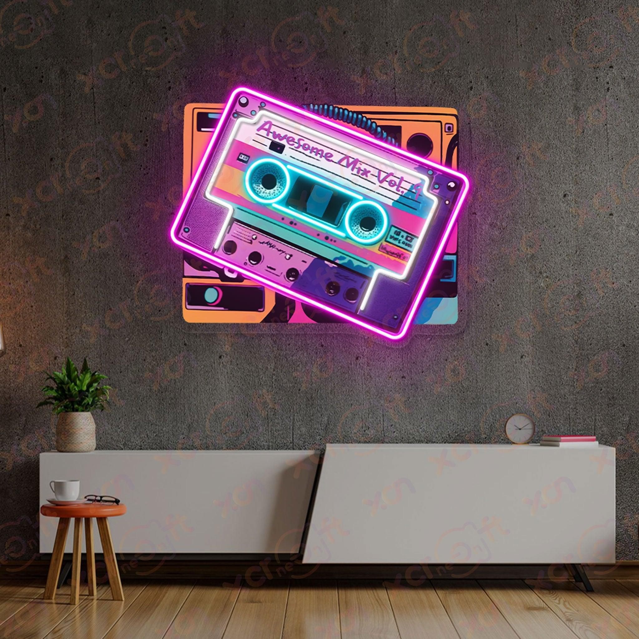 Custom neon sign cassette tape "Awesome Mix Vol" vintage