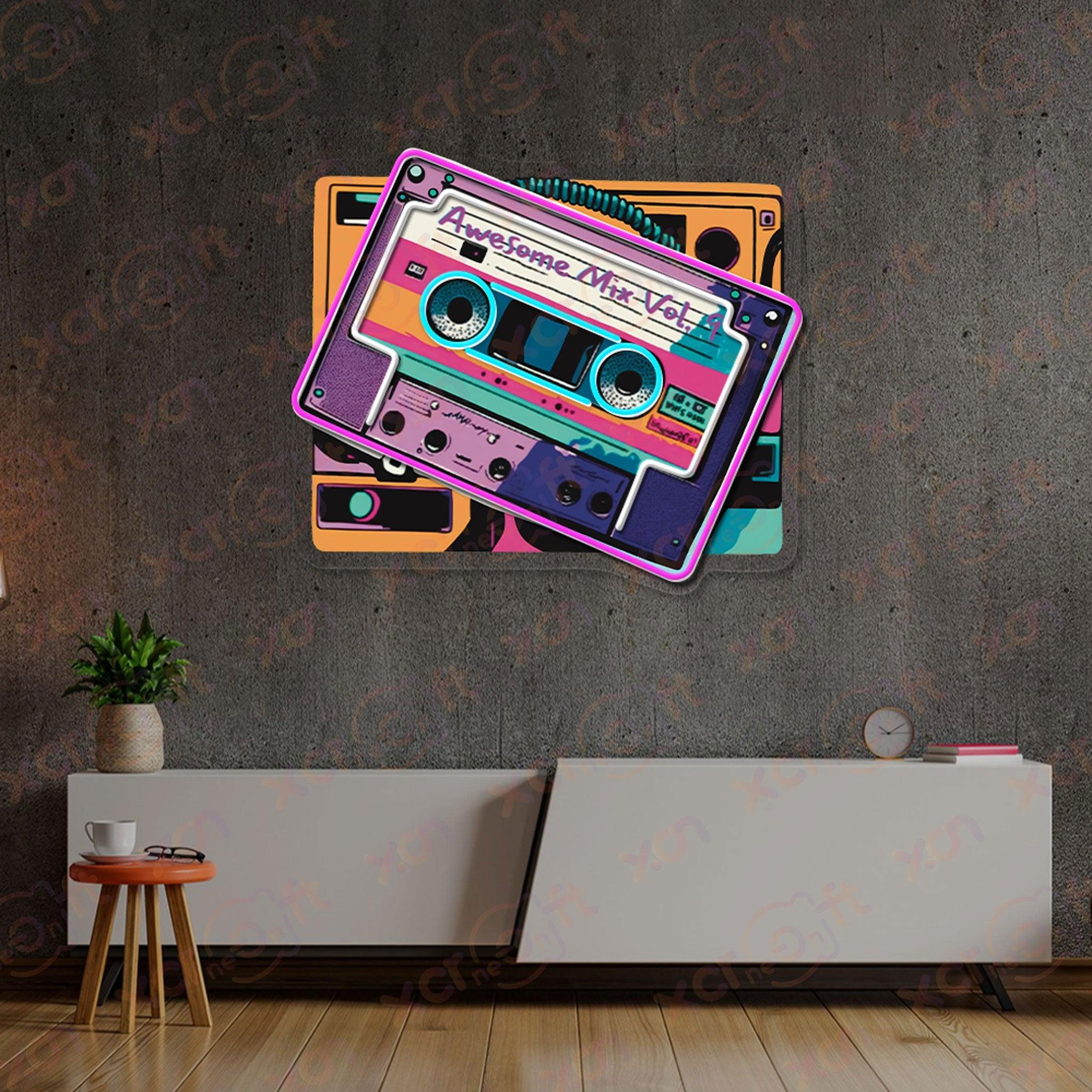 Neon light cassette tape "Awesome Mix Vol" retro wall art