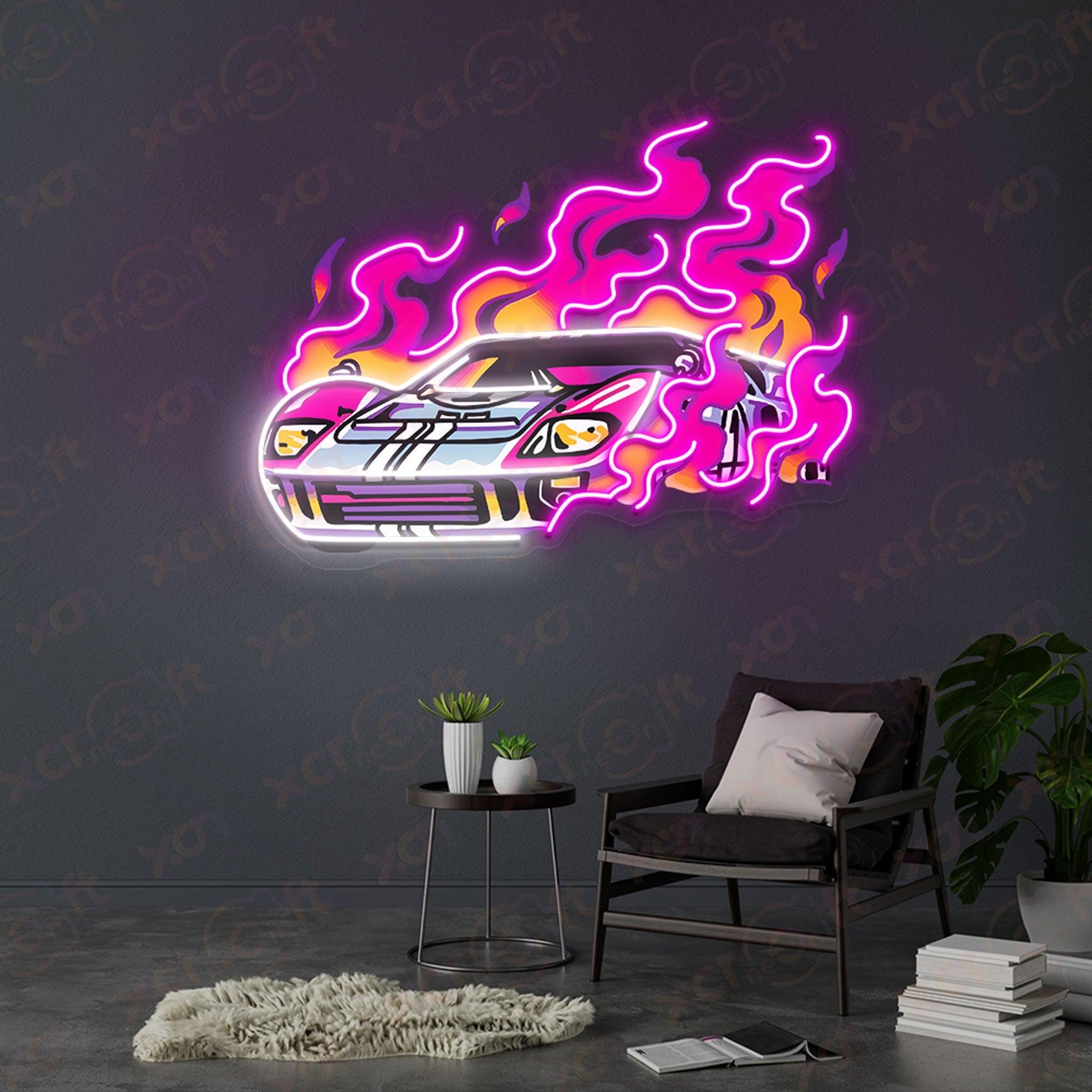 Retro neon sign sports car in flames