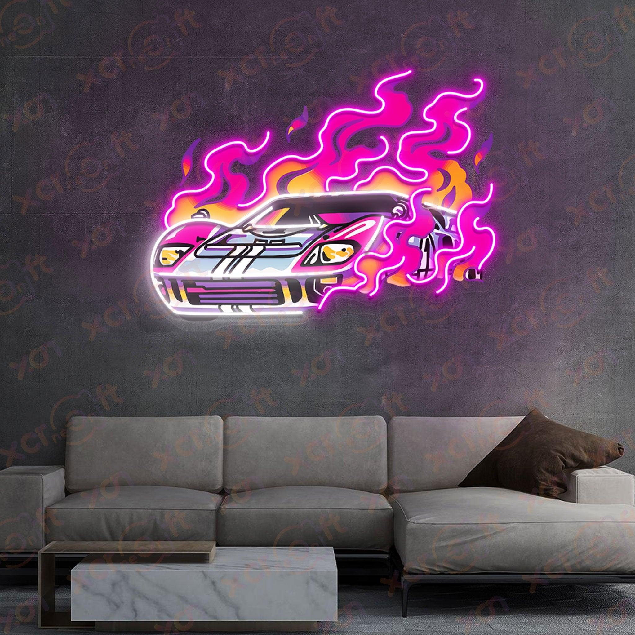 Neon sign racing car on fire wall art