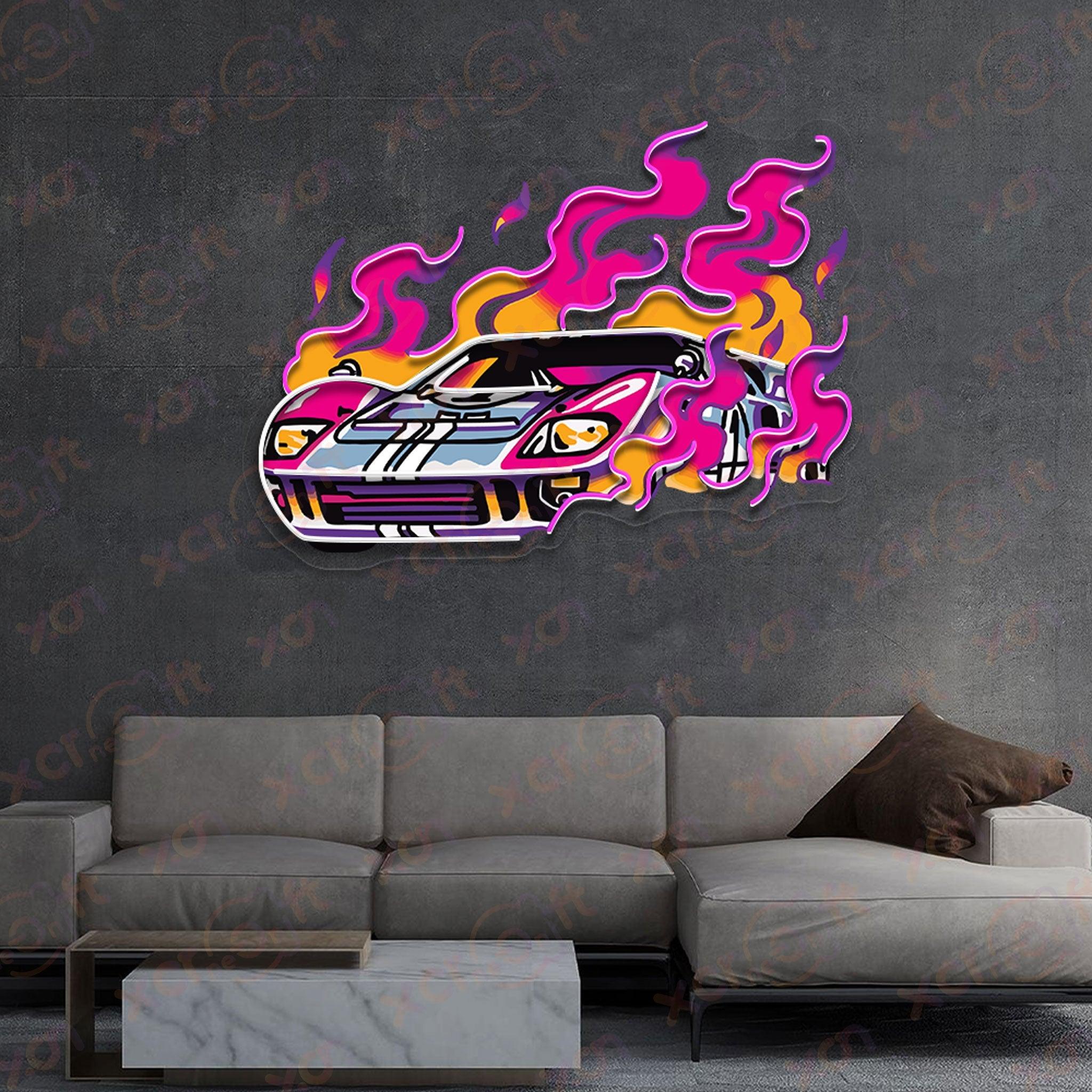 Custom neon sign racing car fire design