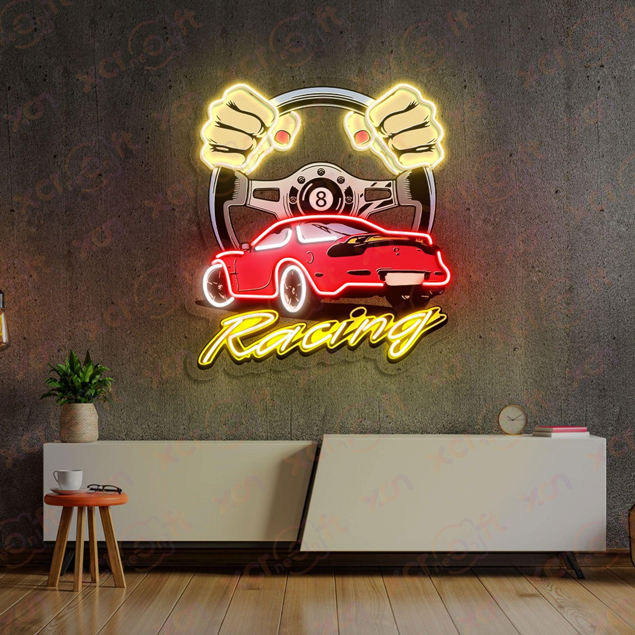 LED neon sign racing car driver hands wheel