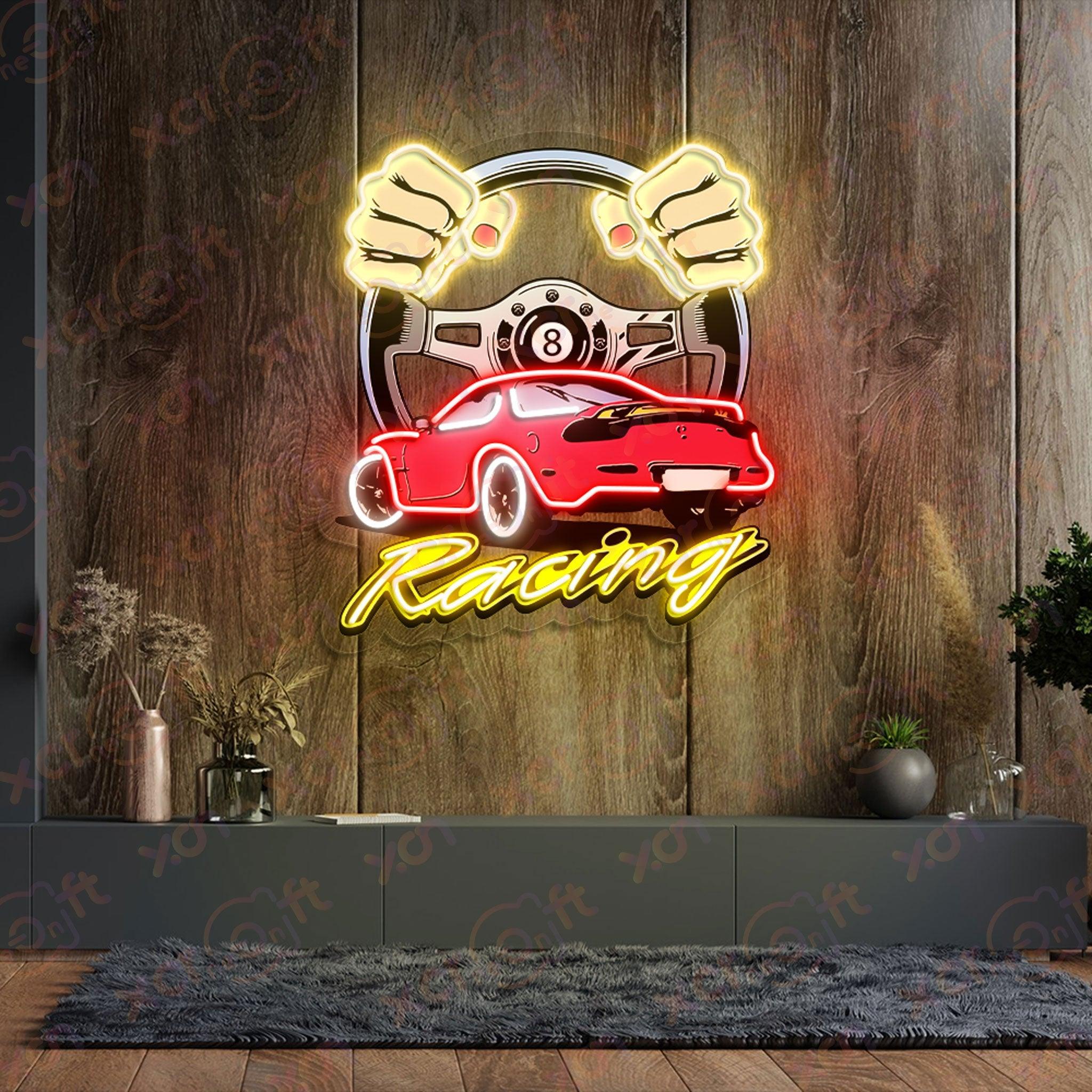 Racing car neon sign hands steering wheel