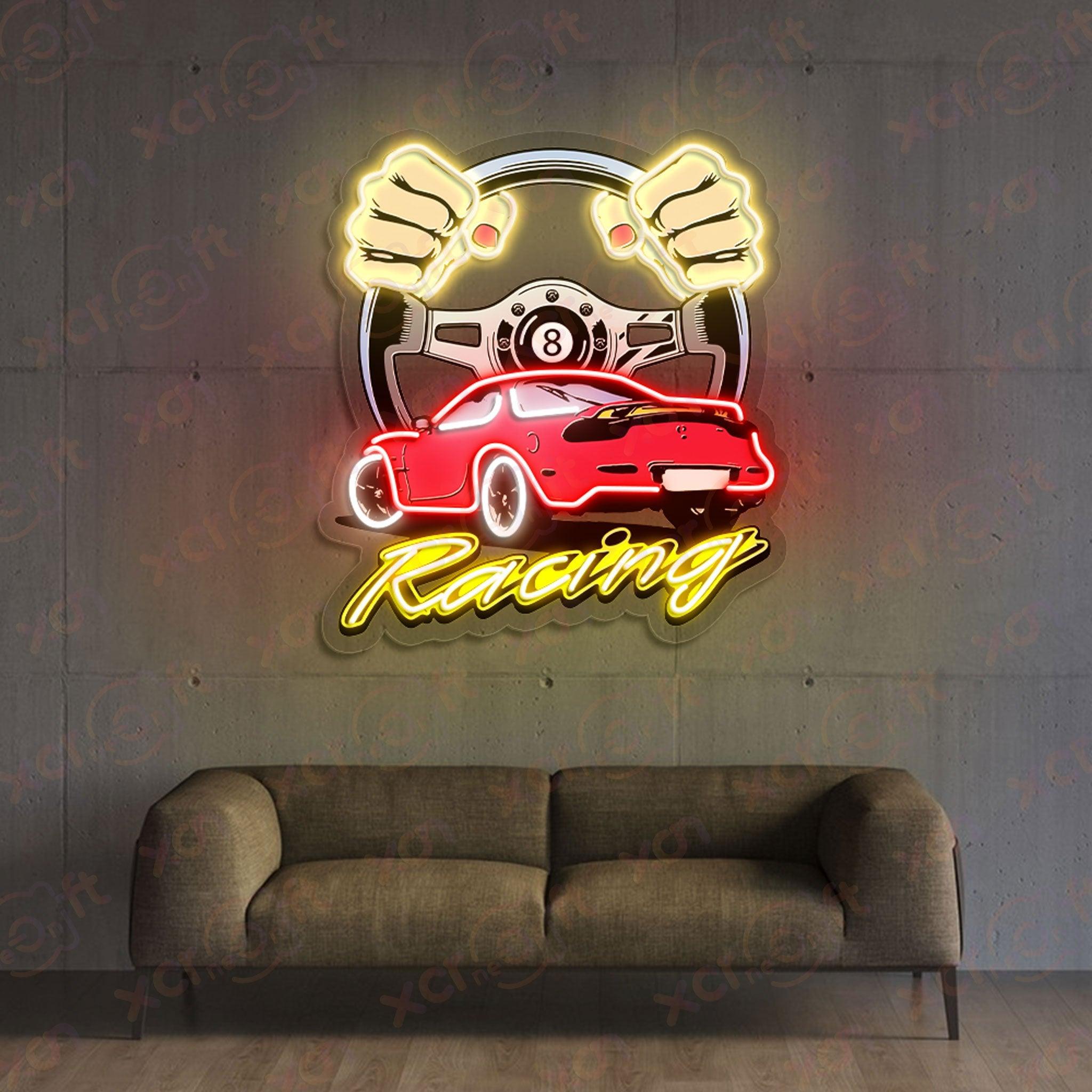 Neon sign car racing hands on steering wheel